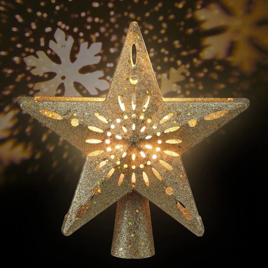 3 Jingle Jollys Christmas Tree Topper Star Snowflake Projector Party Glitter Gold - Gold, 3 of 6