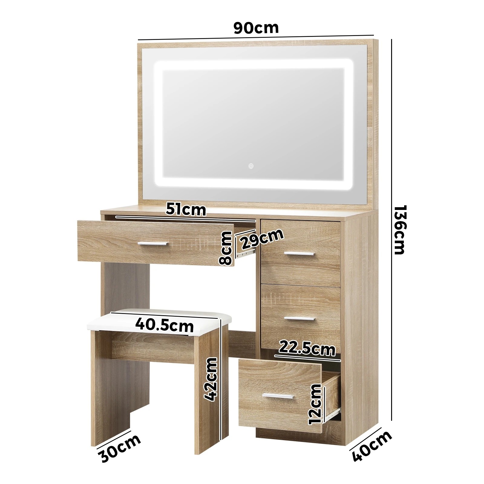 9 Oikiture Dressing Table Stool Set Large Makeup Mirror Led Light Vanity
 - Natural, 9 of 9
