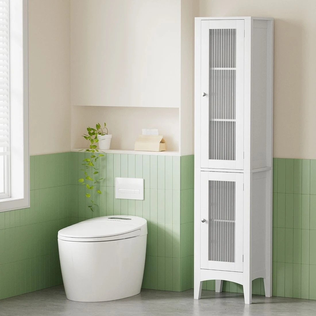 3 Artiss Bathroom Storage Cabinet 160cm Tall Slim Floor Cupboard Toilet Glass Door - White, 3 of 8