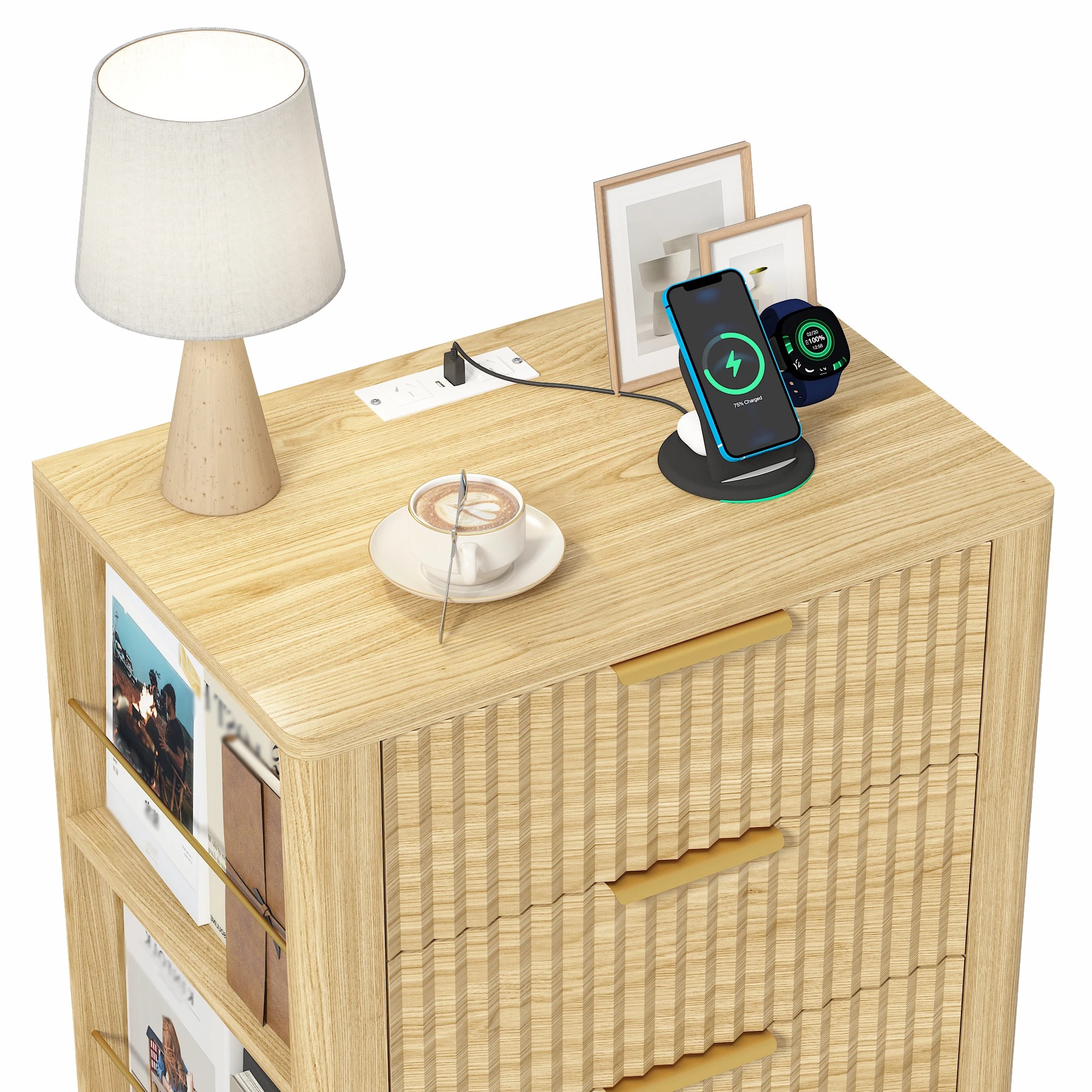 Advwin Set of 2 Fluted Bedside Table with 3 Drawers Metal Handles ...