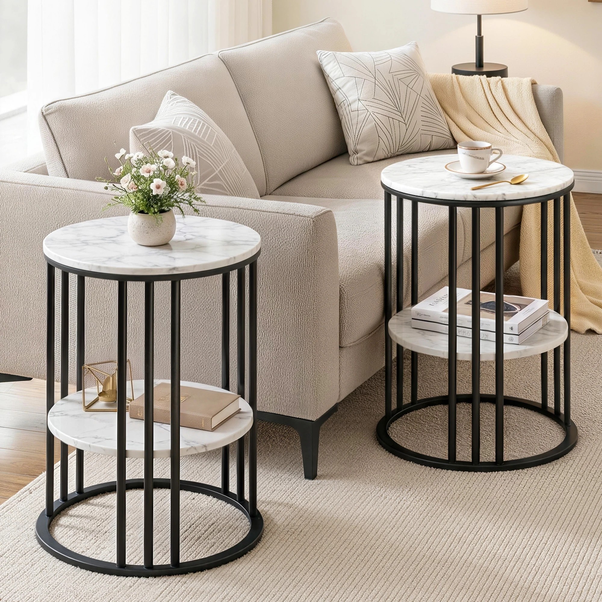 7 Artiss Side Table 2Pcs End Table Coffee Table 2-Tier Bedside Round Marble Effect - Beige, 7 of 7