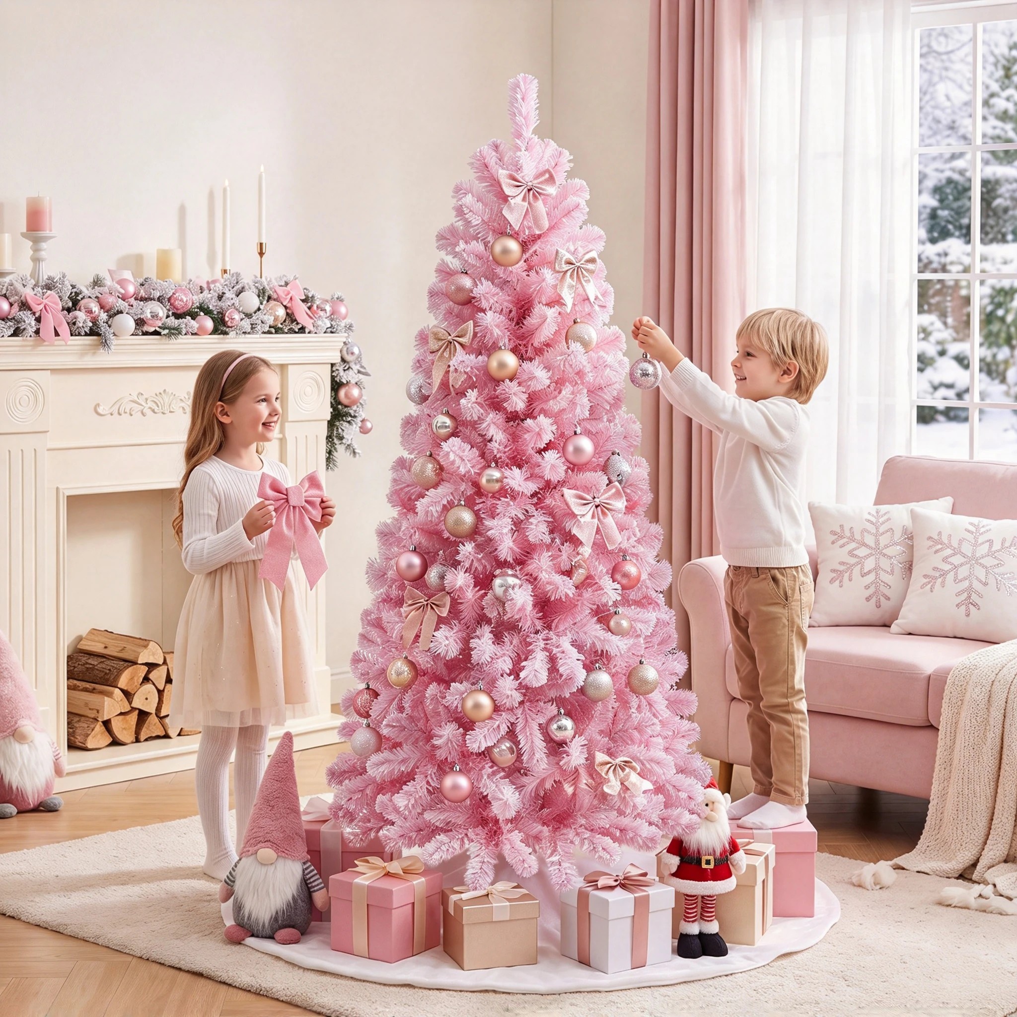5 Costway 150cm Flocked Fir Christmas Tree Pink Artificial Xmas Tree w/160 LEDs, 5 of 6