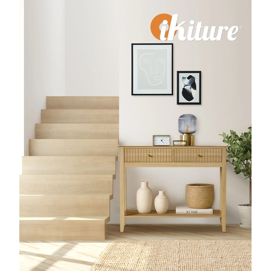 5 Oikiture 100cm Console Table Hallway Table With 2 Storage Drawer Entry Desk
 - Natural, 5 of 10