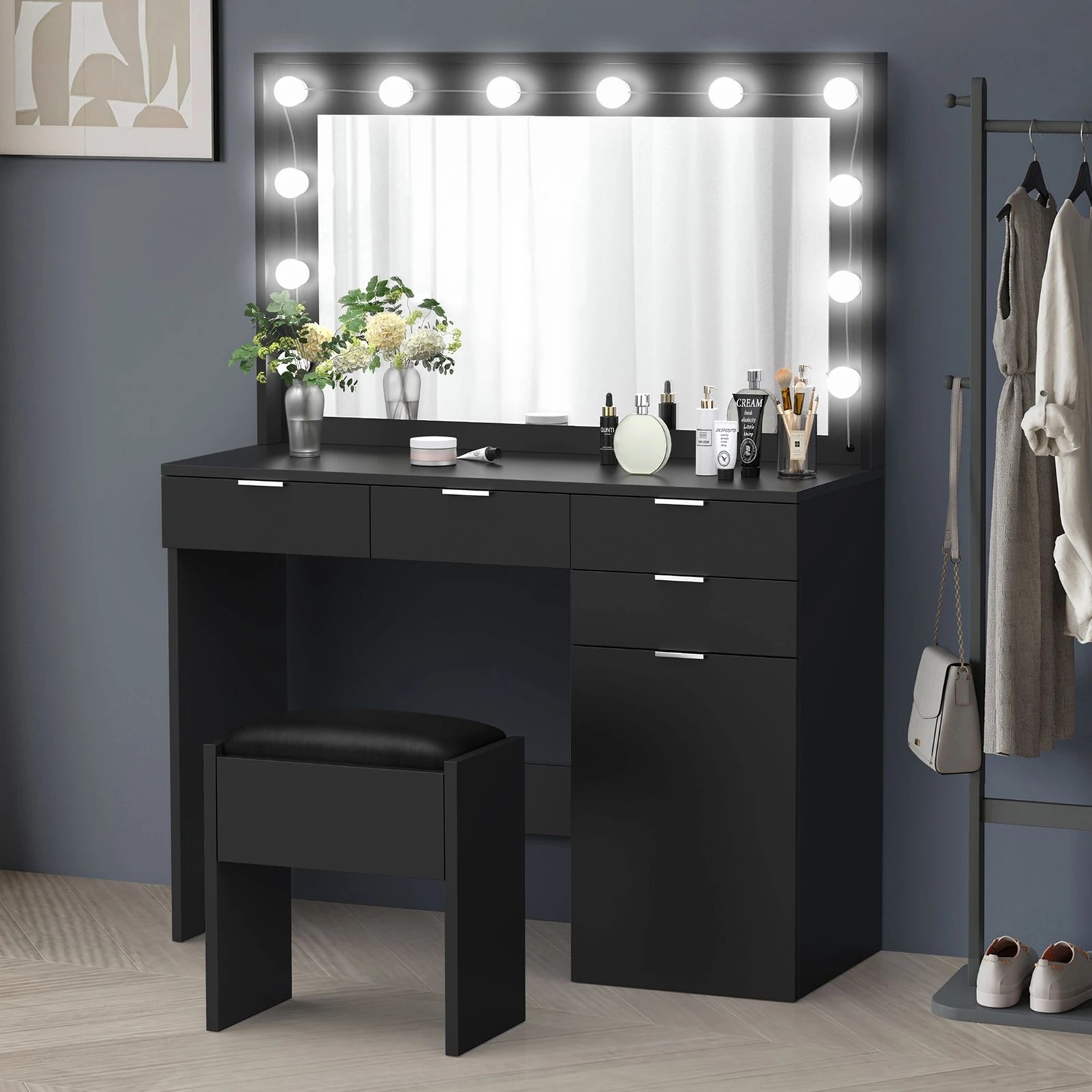 2 Alfordson Dressing Table Stool Set Makeup Mirror Desk 12 LED Bulbs - Black, 2 of 10