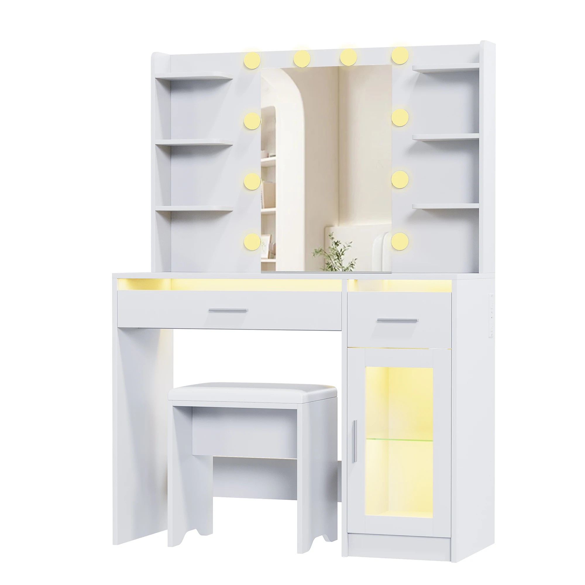 1 Advwin Dressing Table Vanity Desk with Glass Tabletop & Cabinet LED Light Charging Station - White, 1 of 9