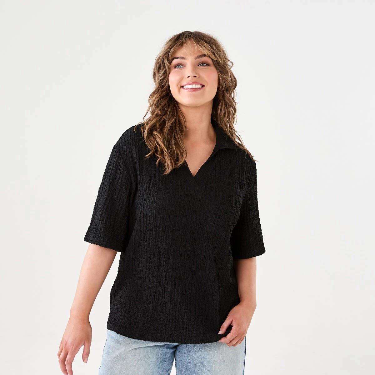 1 Short Sleeve Textured Polo Top BLACK, 1 of 6