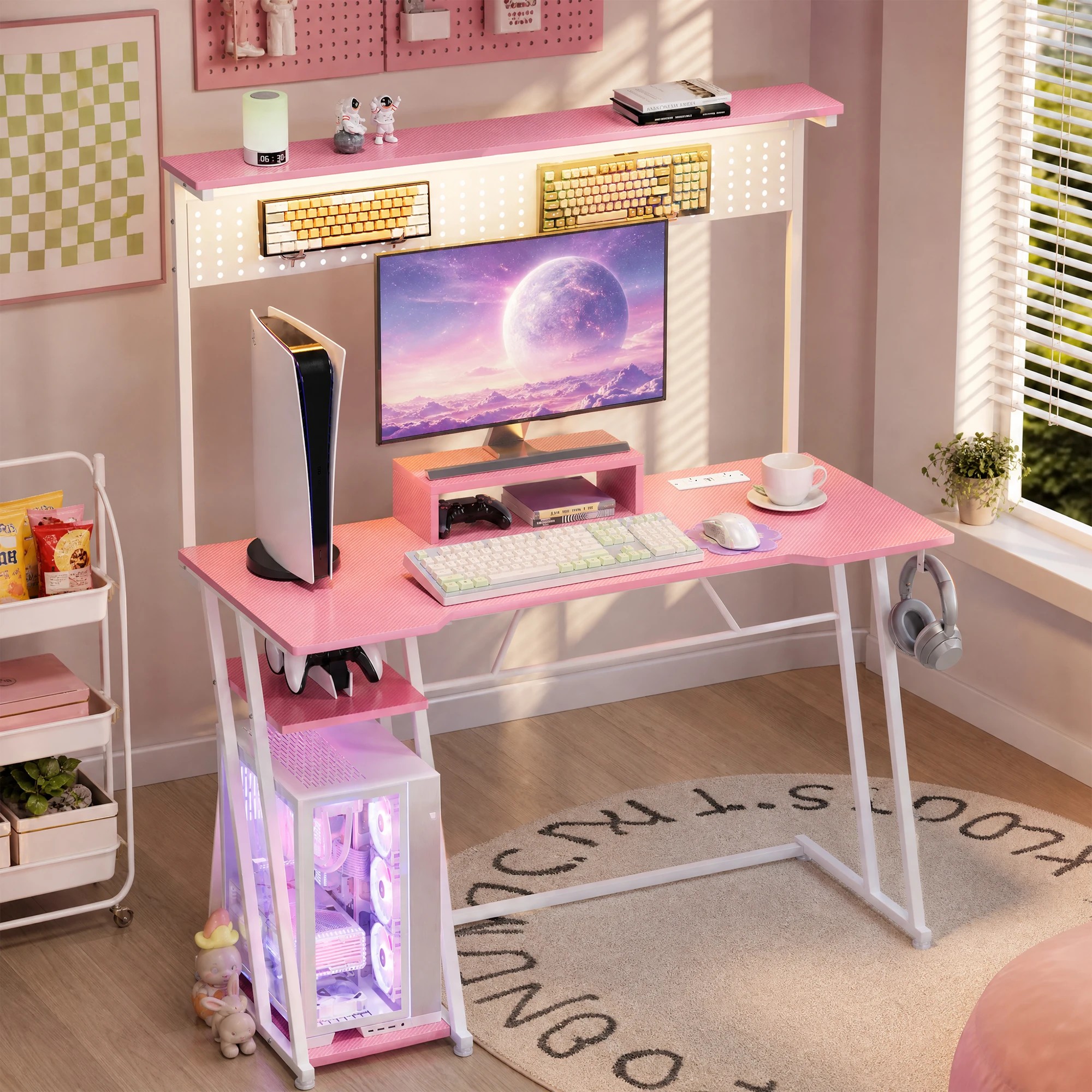 4 Advwin 120cm LED Gaming Desk w/ Power Outlets Reversible Carbon Fiber w/ Shelf hook & Pegboard - Pink, 4 of 8