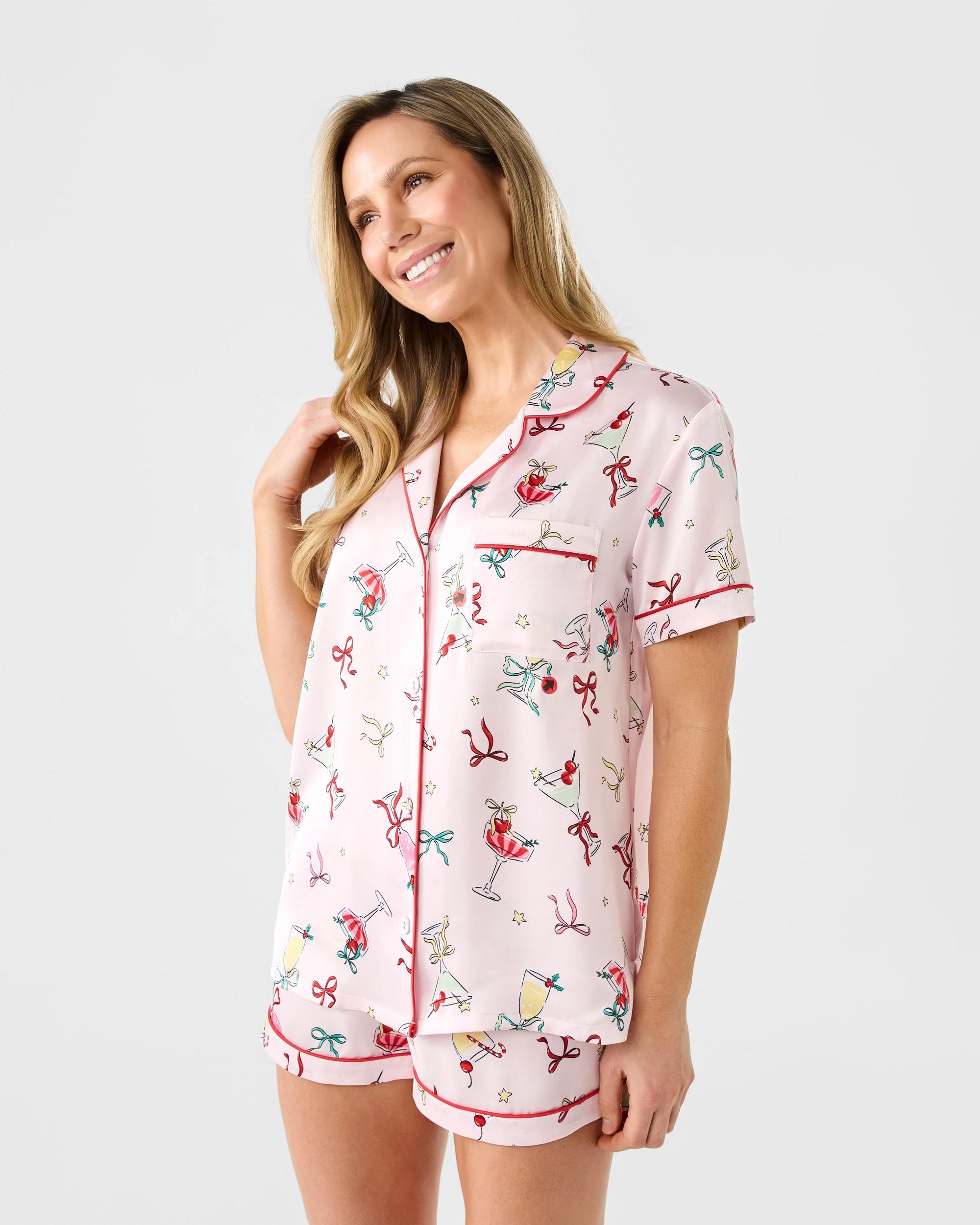 2 Christmas Short Sleeve and Short Satin Pyjama Set Xmas Wine, 2 of 9