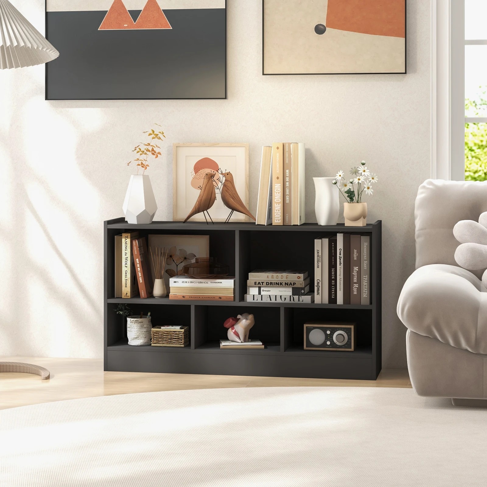 2 Costway Wooden Toy Organiser 5-Cube Cabinet Bookcase - Grey, 2 of 2