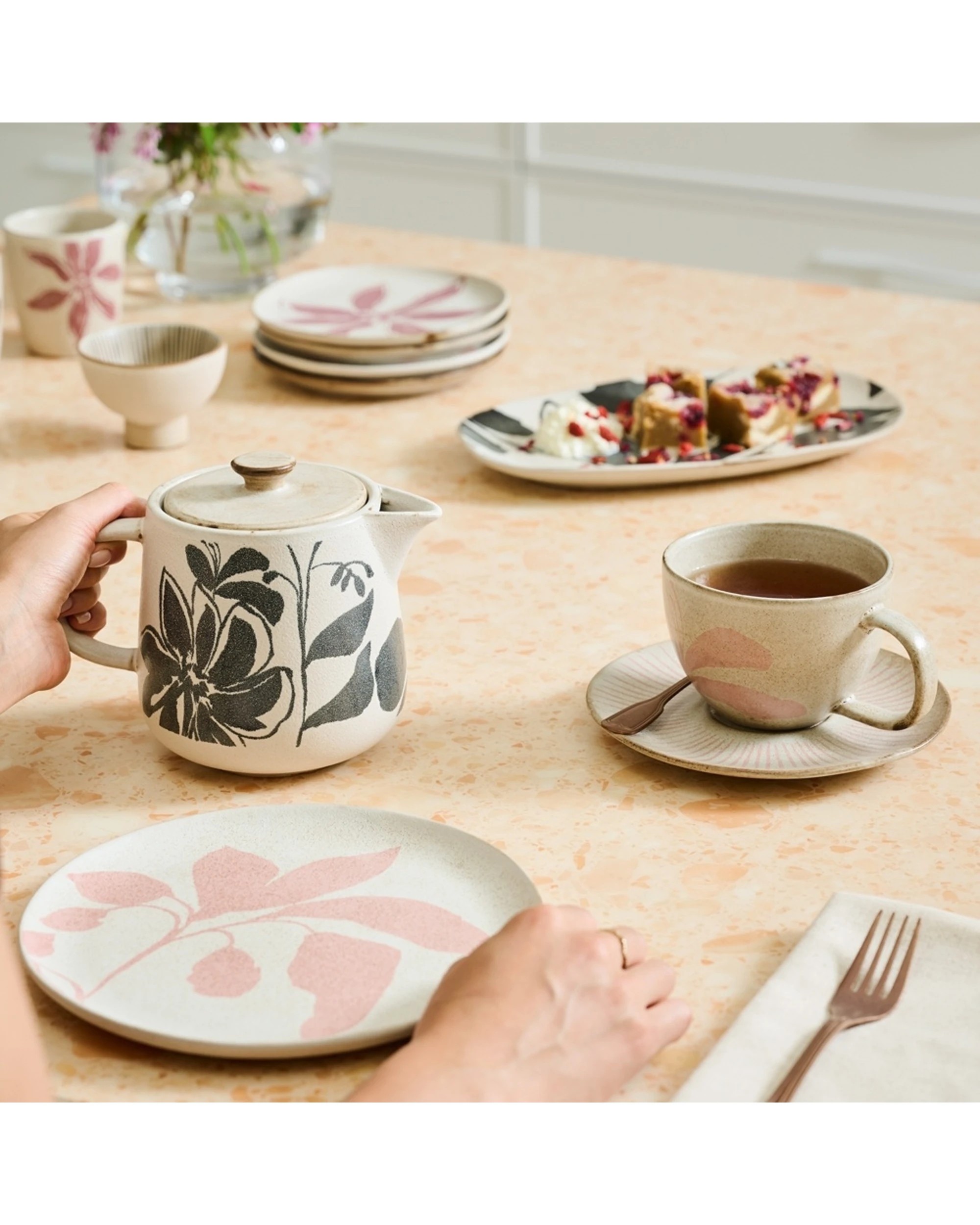2 Ecology Cecile Teapot 900ml Stoneware Artisan Hand Drawn Floral - Multi, 2 of 2