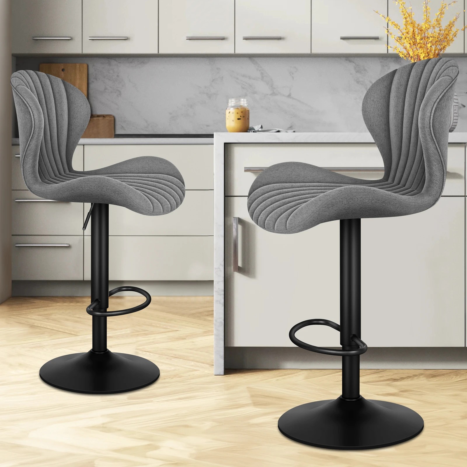 8 Alfordson 2x Bar Stools Gas Lift Fabric Bar Chairs Kitchen Swivel - Grey, 8 of 10