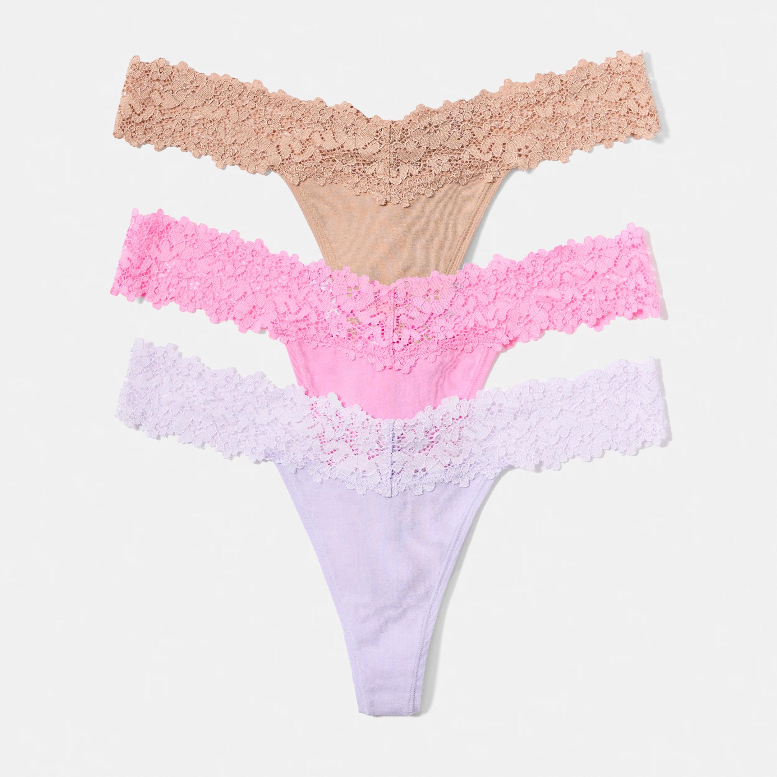 1 3 Pack Cotton Lace G-String Briefs LIGHT FAWN, BRIGHT LAVENDER, FAIRY FLOSS, 1 of 8