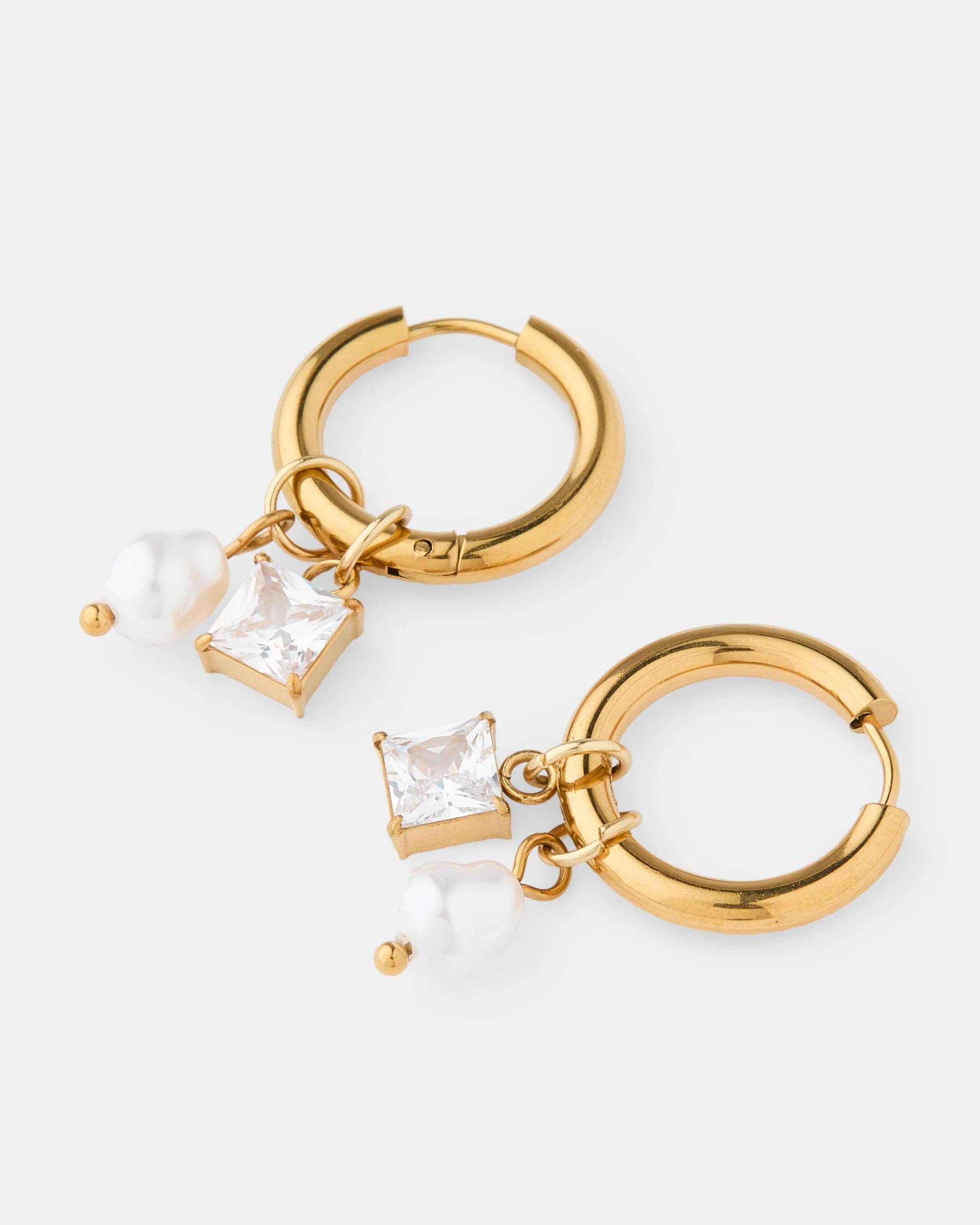 2 Waterproof Stainless Steel Faux Pearl Drop Hoop Earrings - Gold Tone Gold, 2 of 5