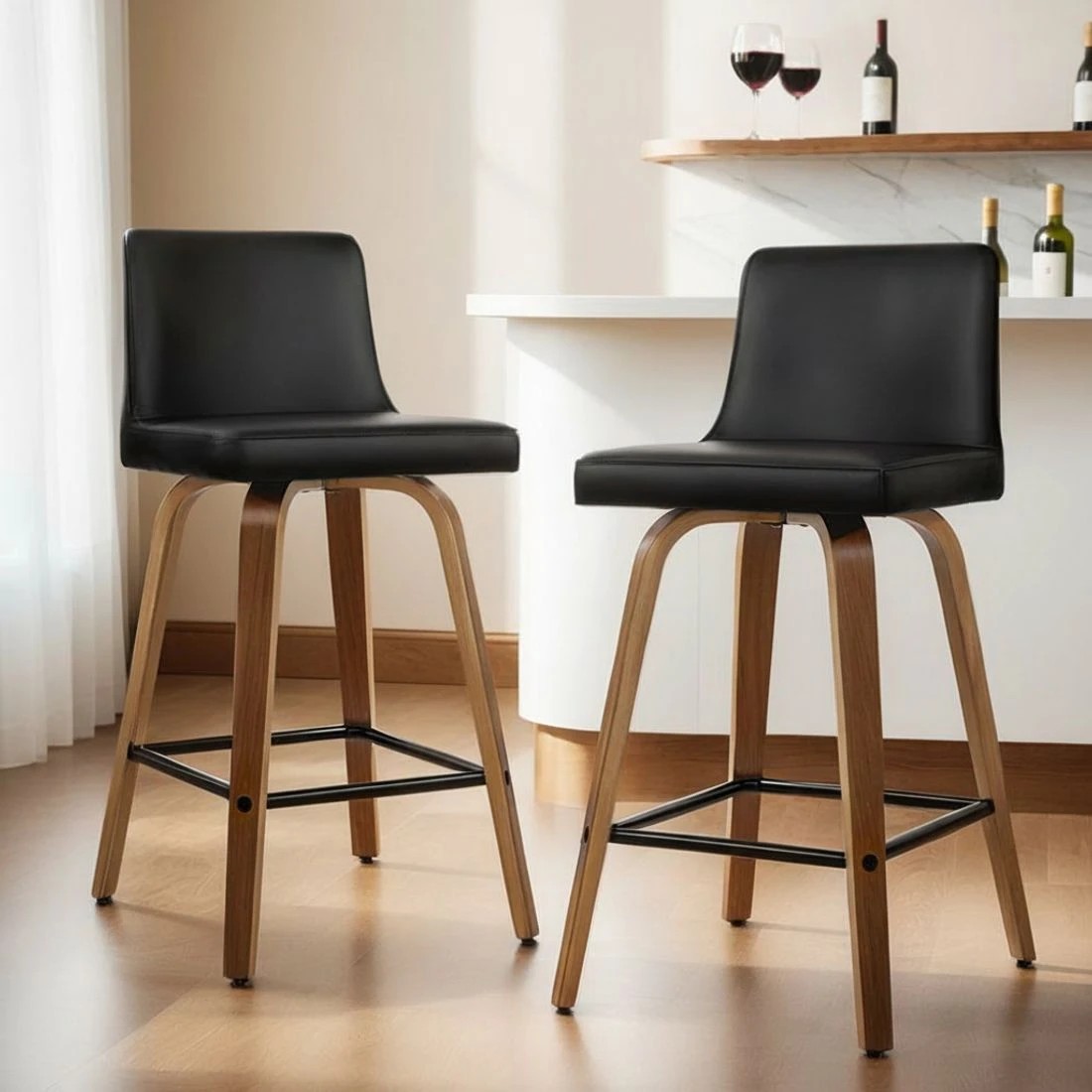 6 Artiss 4x Bar Stools Swivel Leather Padded Wooden - Black, 6 of 6