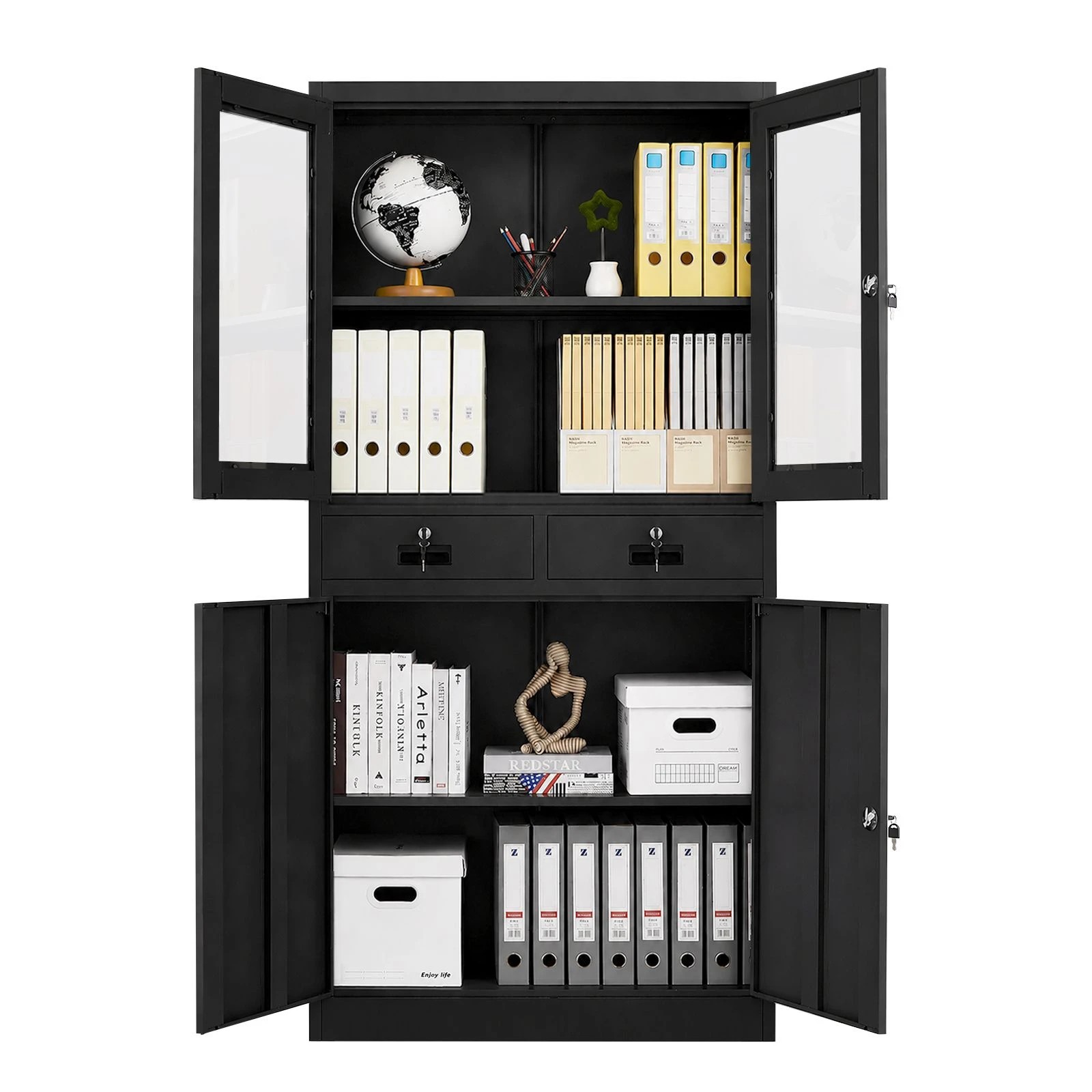 5 Ausway 185 cm Lockable Steel Filing Cabinet Office Storage Cupboard with 2 Drawers & Tempered Glass Doors, 5 of 7