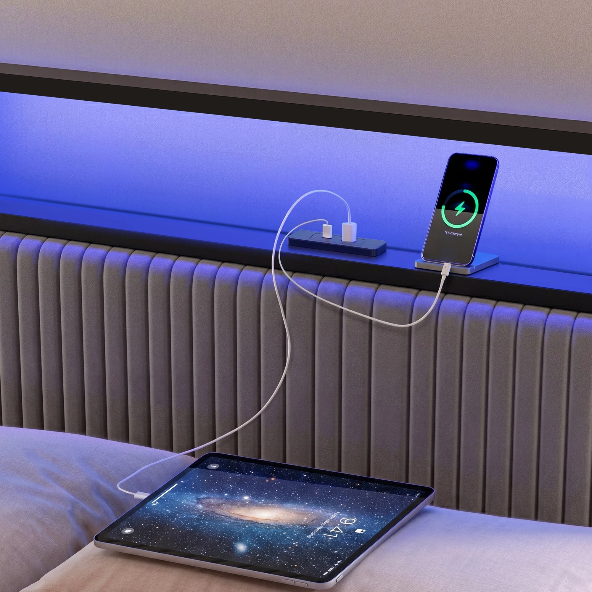 4 Artiss Metal Bed Frame Queen Size LED Charging Station 2 Drawers - Black, 4 of 8