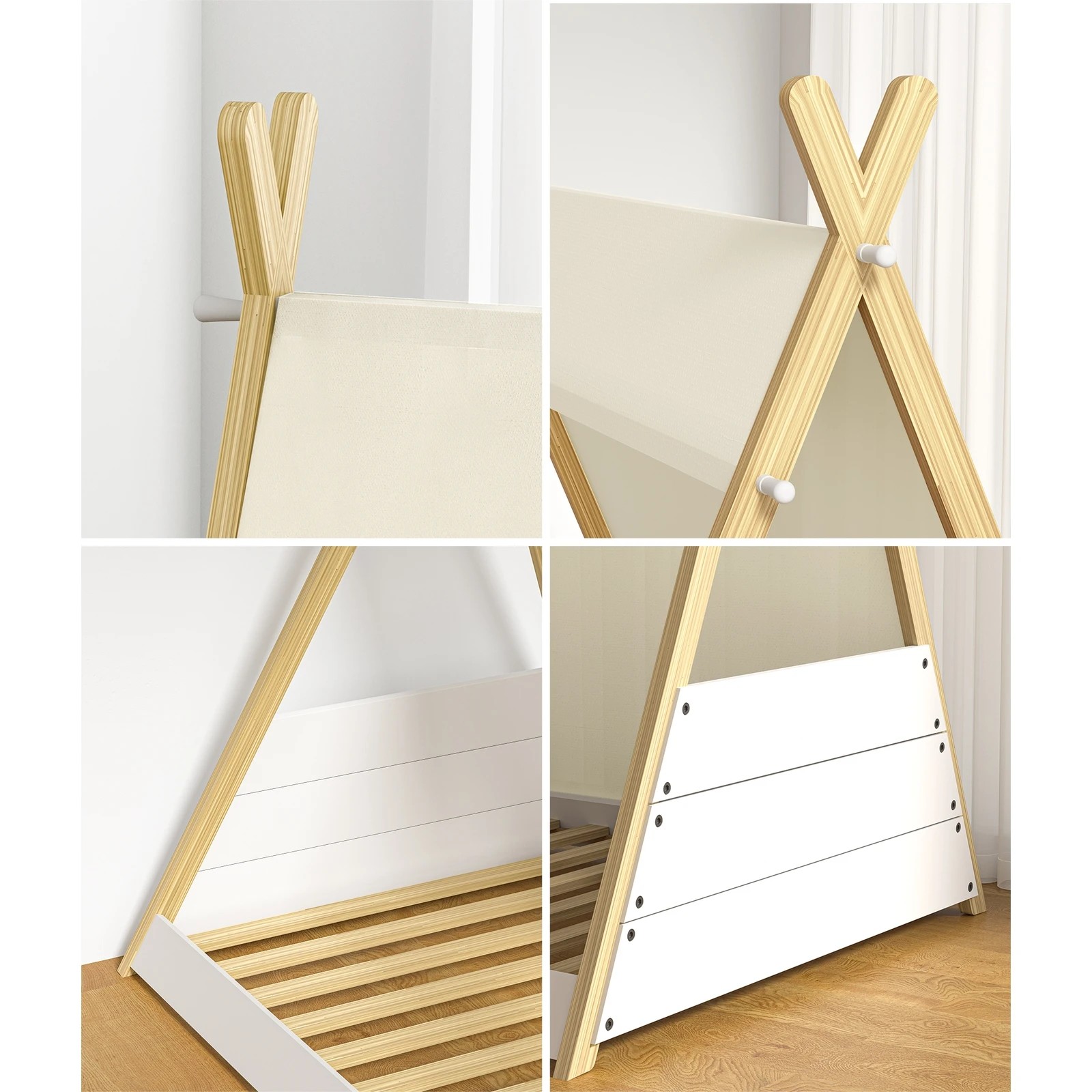 5 Oikiture Kids Bed Frame Wooden Timber Single Canvas Teepee Bed Frame Platform
 - Multi, 5 of 10