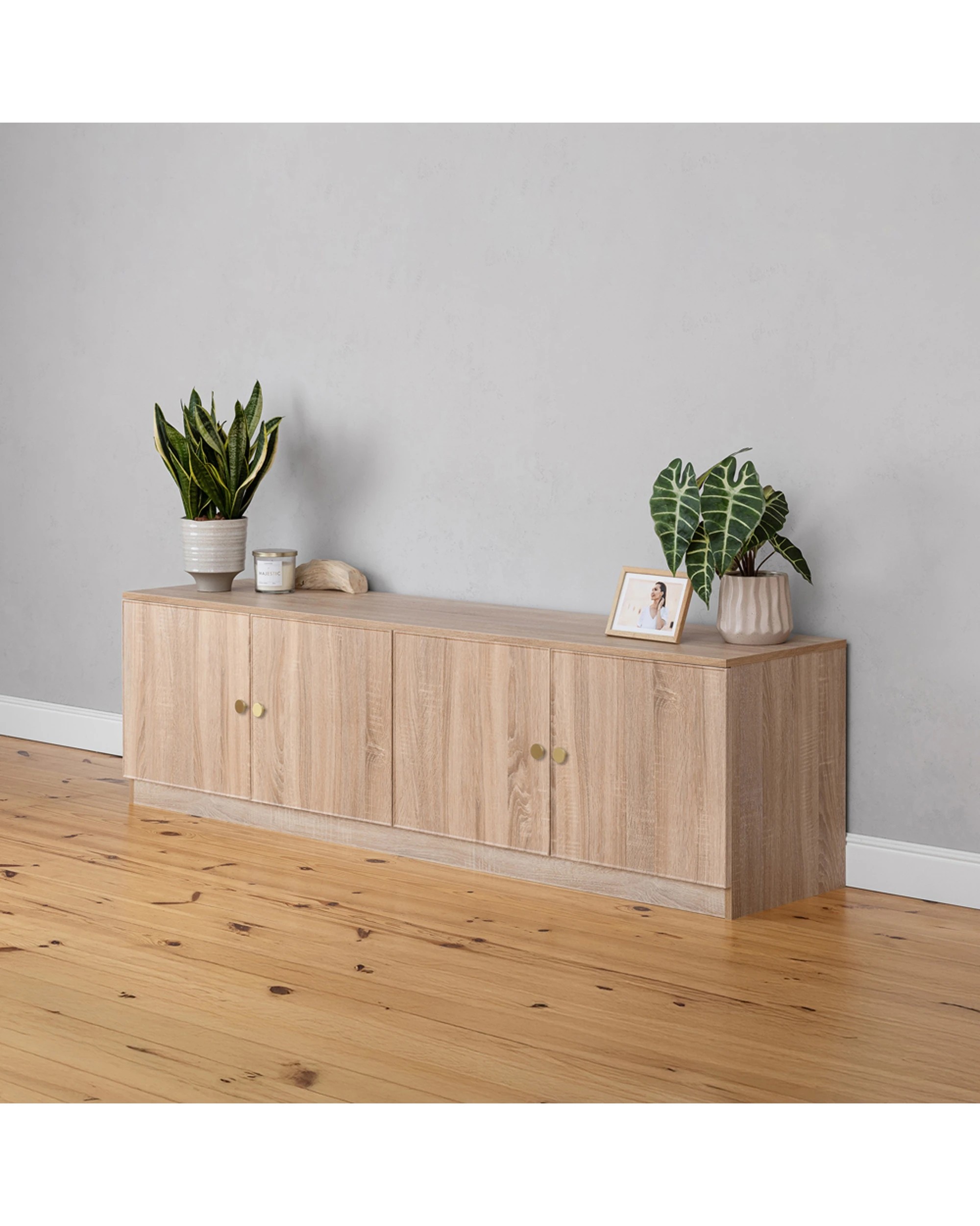 3 European Cabinetry Bucharest Oak Slim TV Unit Furniture Brass Round Handle - Natural, 3 of 4