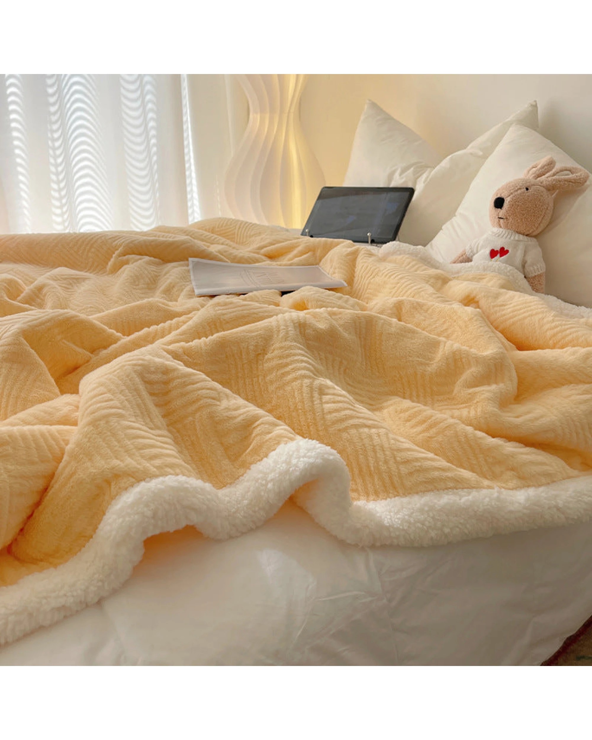 7 Cotton More Large Faux Rabbit Plush Blanket Throw 200x230cm Cream - Yellow, 7 of 7