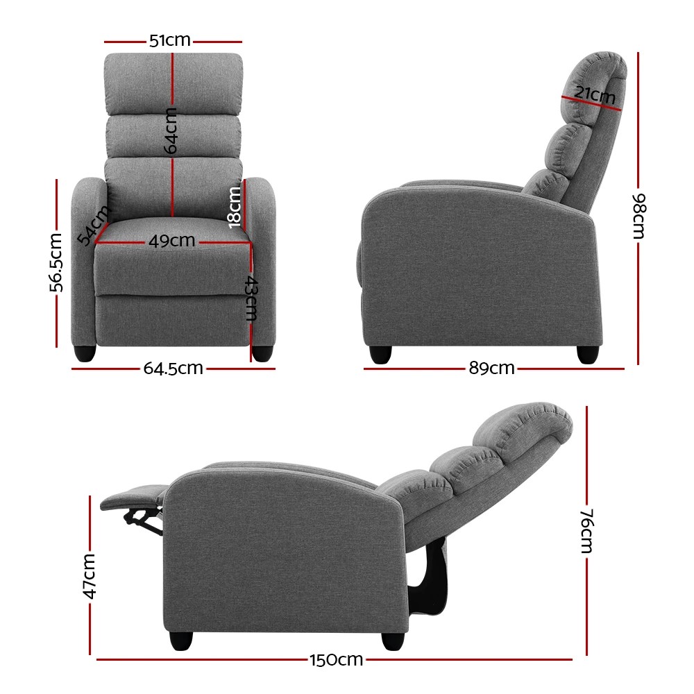 2 Artiss Recliner Chair, Grey Faux Linen — 21cm High-Resilience Foam, Adjustable Back &amp; Footrest - Grey, 2 of 7