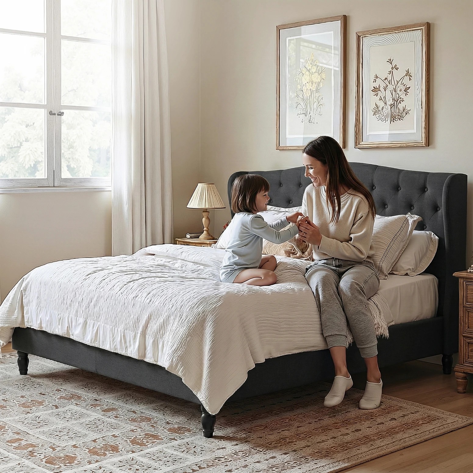 4 Artiss King Bed Frame Wingback Headboard Charcoal  Linen Upholste Platform - Charcoal, 4 of 6