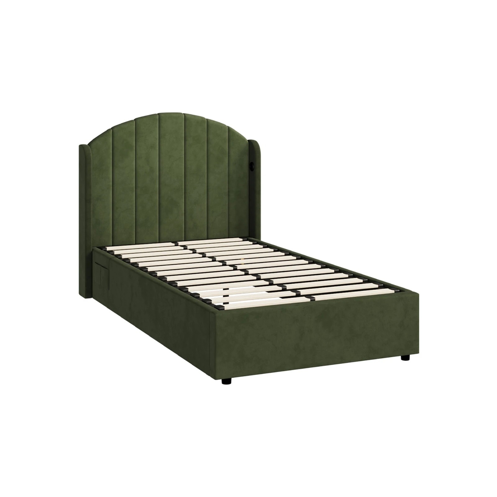 1 Oikiture Bed Frame King Single Size With Gas Lift Storage USB Charging Velvet - Green, 1 of 8