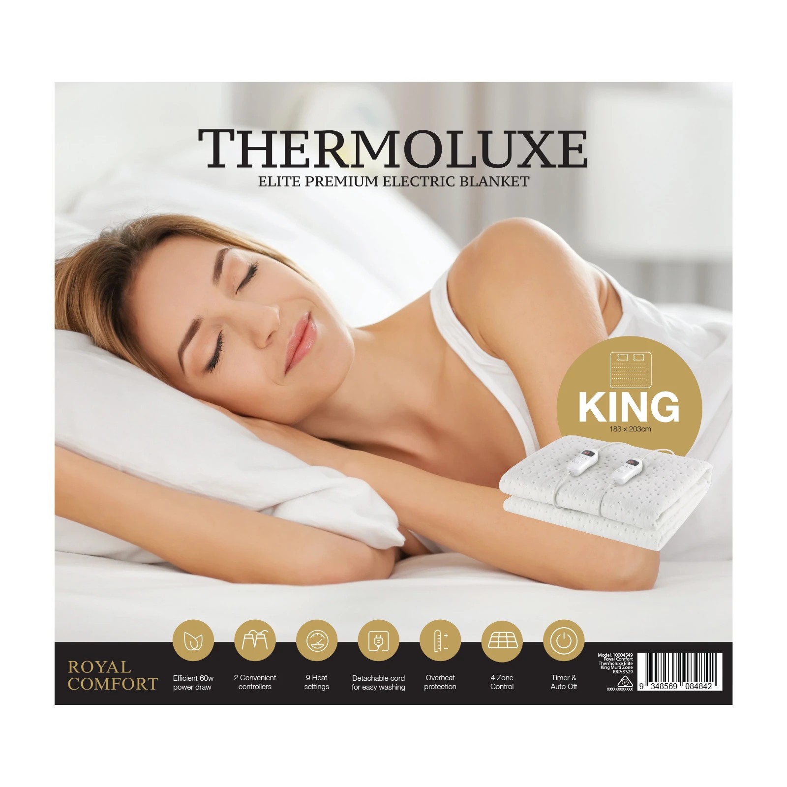 6 Royal Comfort Thermolux Elite Electric Blanket Multi-Zone Fully Fitted - King Bed - White, 6 of 7
