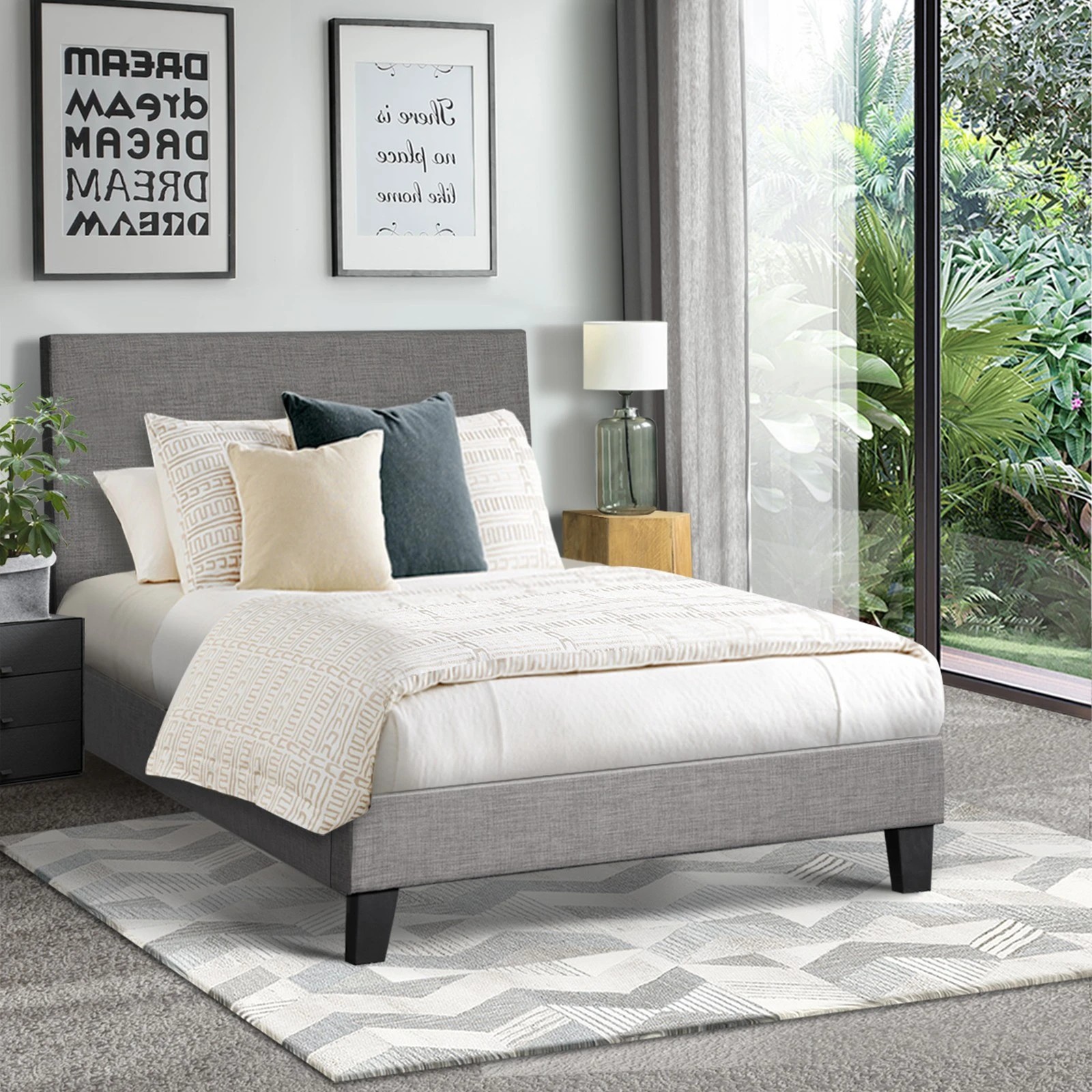 4 Oikiture Bed Frame Single Size Wooden Slats Fabric - Grey, 4 of 10