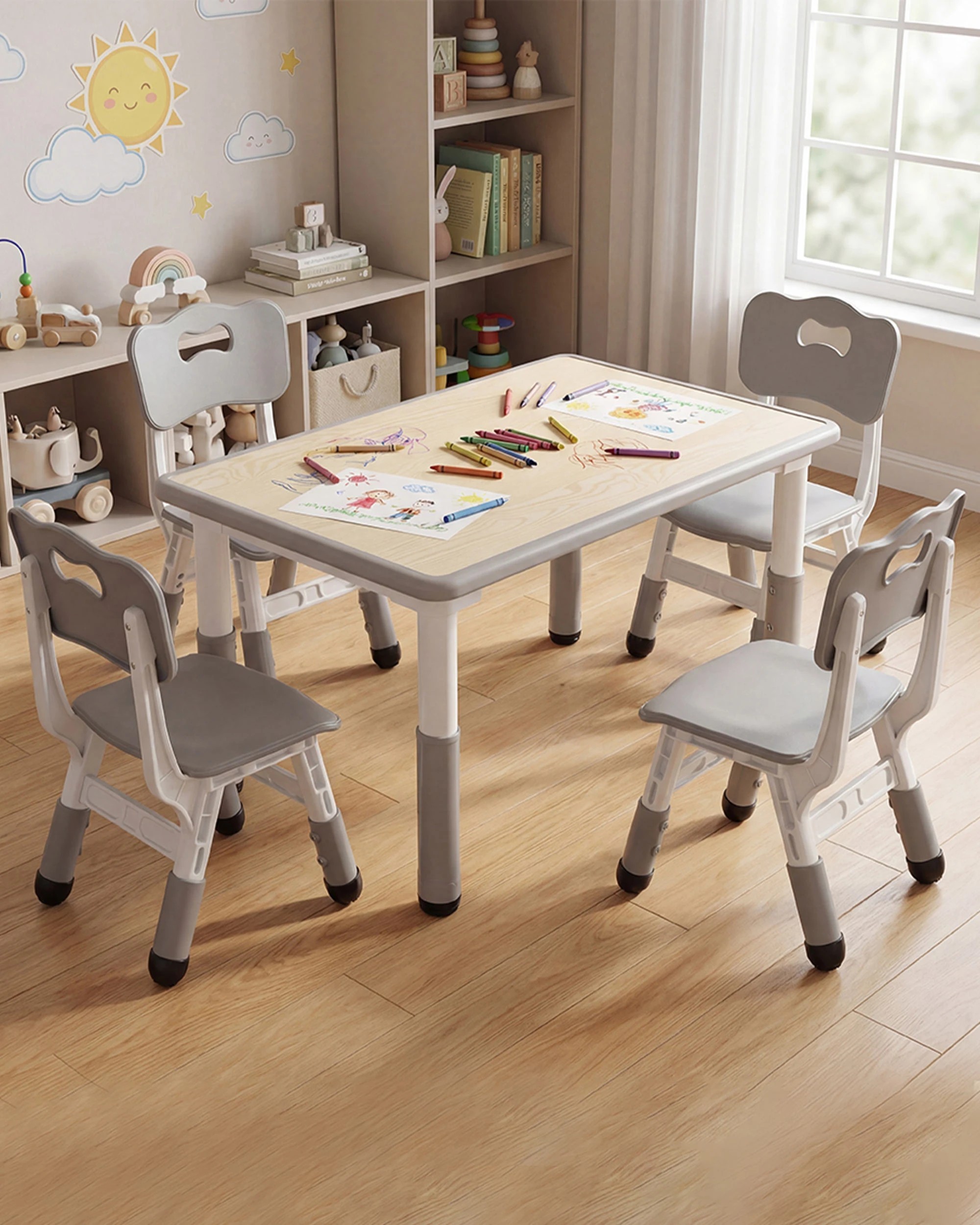 6 5PCS PlayPals Kids Table and Chairs Set Height Adjustable Graffiti 120x60cm Grey, 6 of 6
