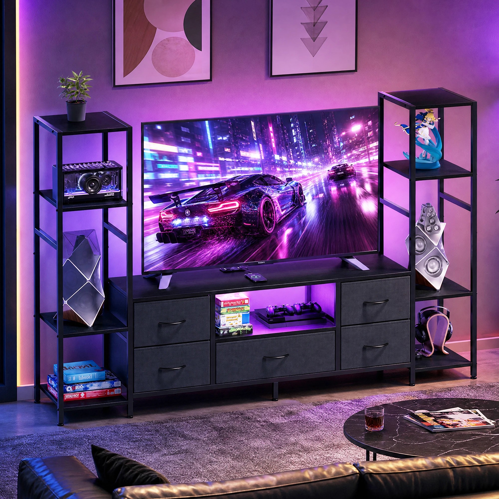3 Advwin 185cm TV Stand with Bookshelf Power Outlet & LED Lights for 32-55 inch TV - Black, 3 of 7