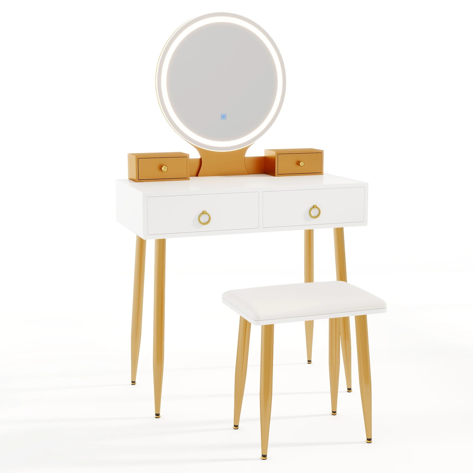 1 Costway 3-Color LED Makeup Vanity Desk Set w/Touch Mirror Dressing Table & Cushioned Stool, 1 of 3