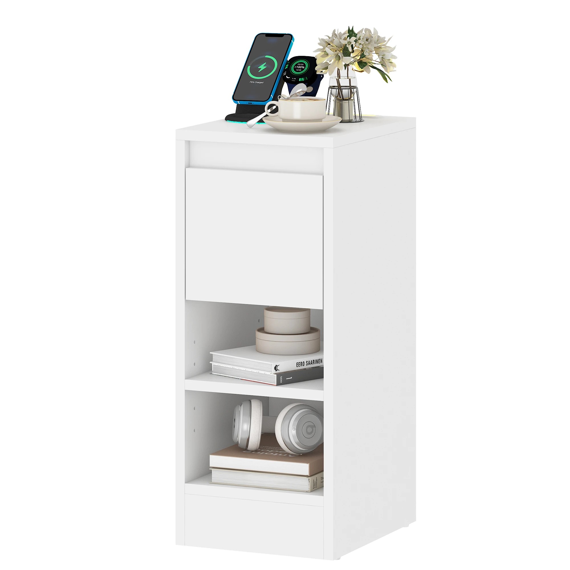 4 Advwin LED End Table Sofa Side Table with Drawers Narrow Bedside Table White - White, 4 of 9
