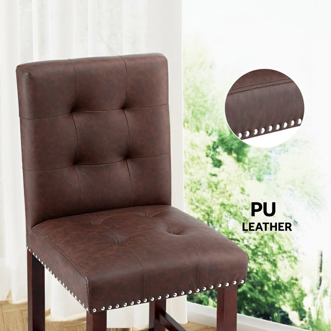 5 Artiss 2x Bar Stools Kitchen Dining Chairs Counter PU Leather Wooden Ada Brown - Brown, 5 of 6