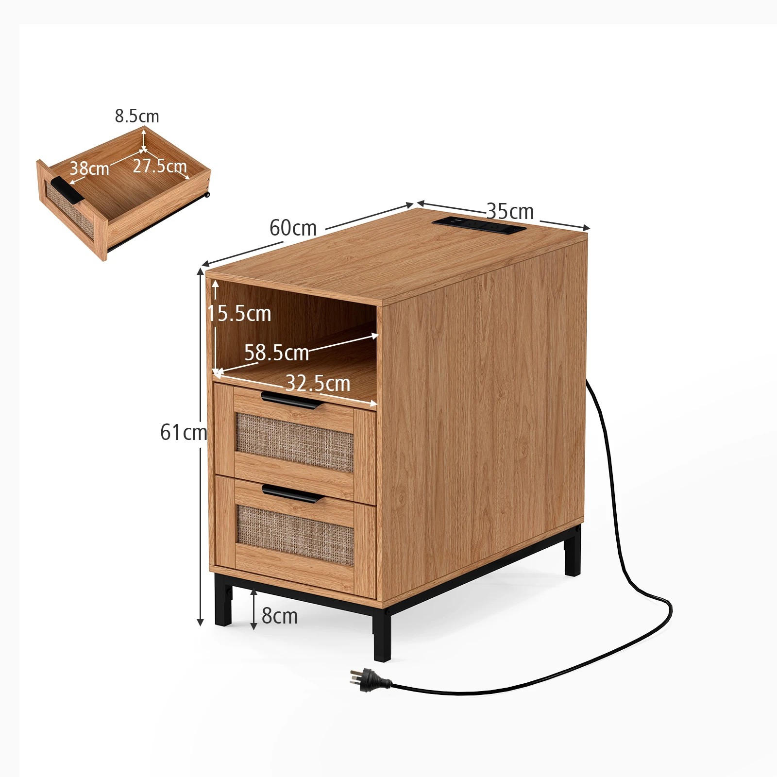 2 Costway Boho End Side Table w/Charging Station Rattan Nightstand - Natural, 2 of 5