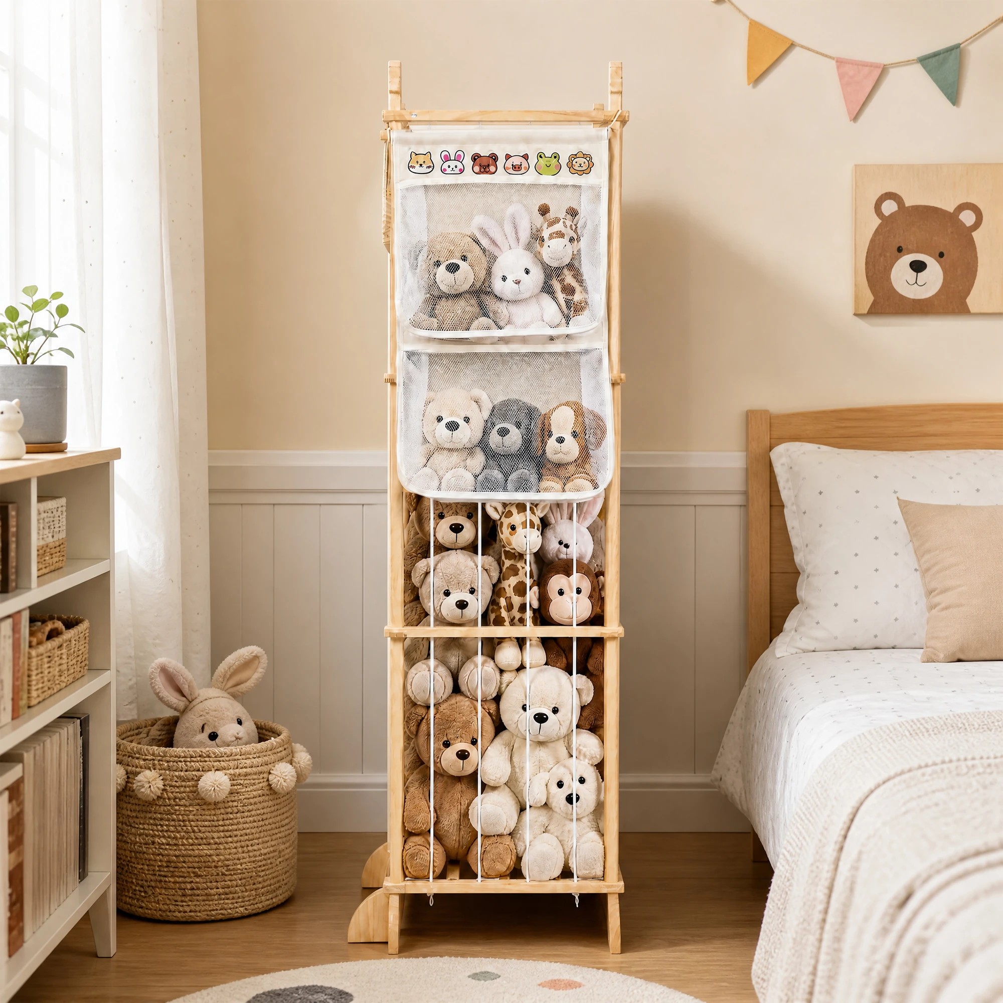 2 Advwin Stuffed Animal Storage Organizer  Toy Organizer with Elastic Cords & Storage Bag - Wood, 2 of 9