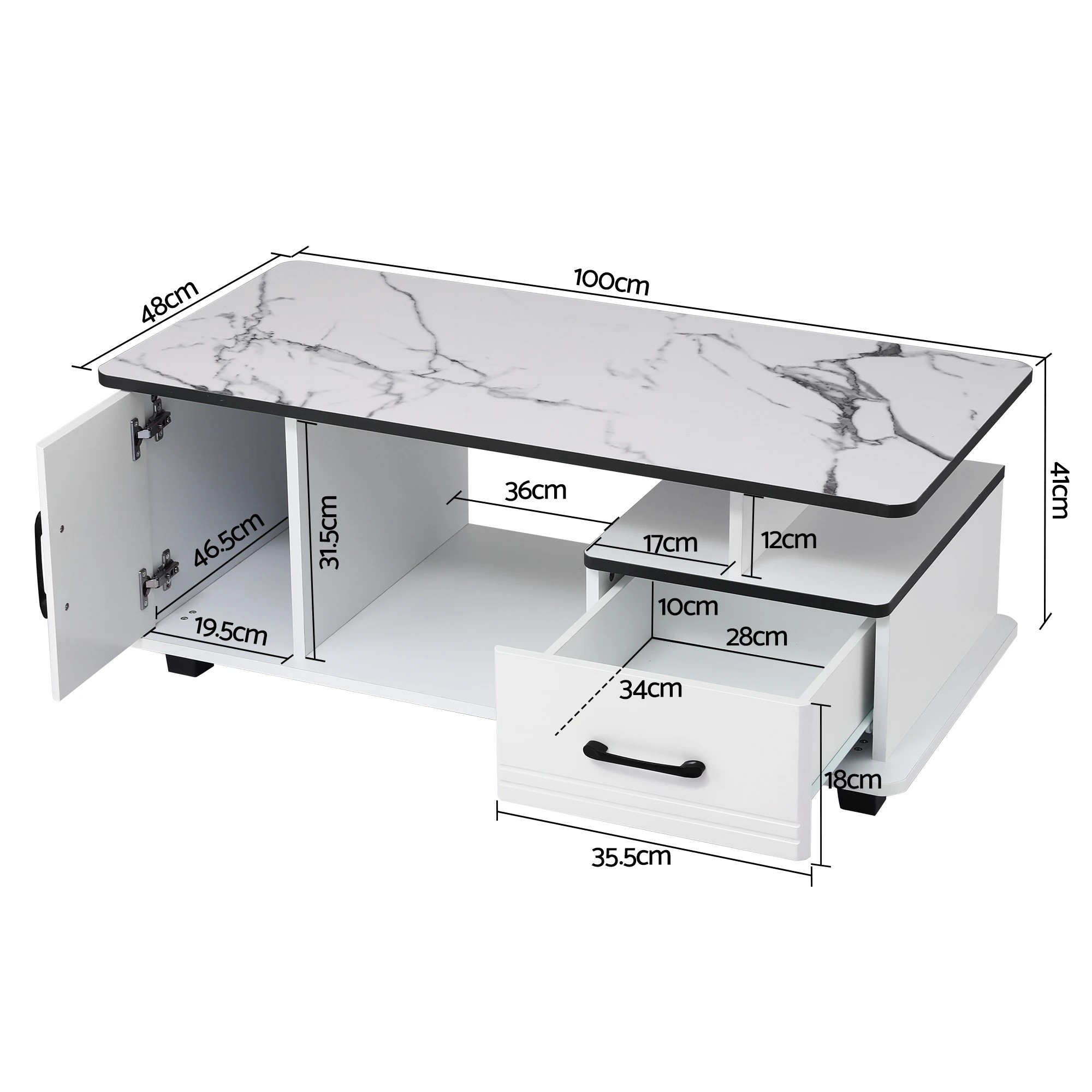 4 Artiss Table Marble Finish Center Table with Storage Drawer Cabinet Wood - White, 4 of 7
