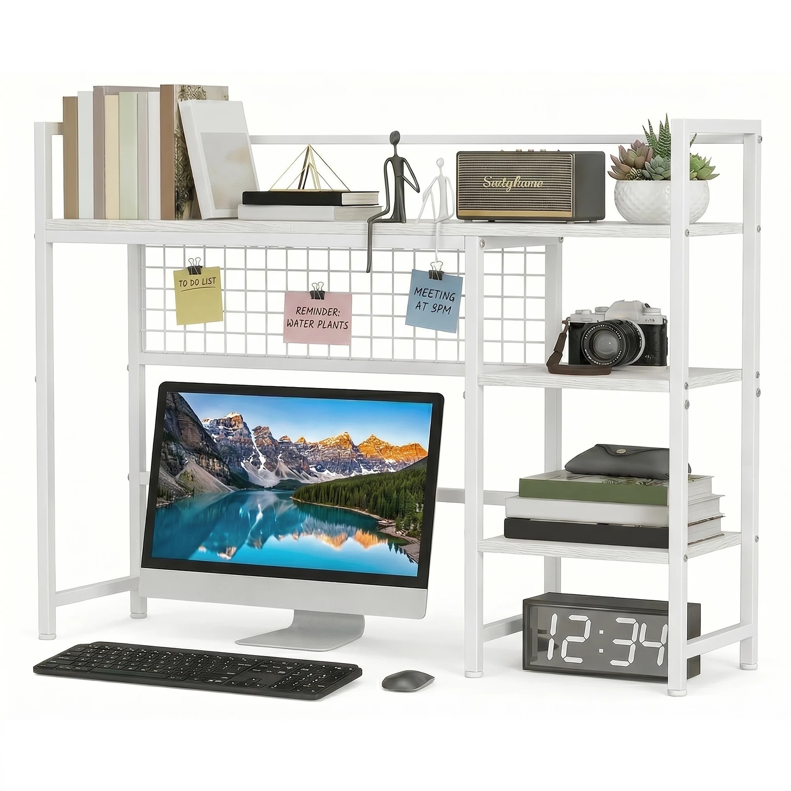 5 Advwin Desktop Organizer Shelf  Desktop Display Rack with Open shelves & 5 Hooks Desk Hutch for Computer Desk - White, 5 of 8