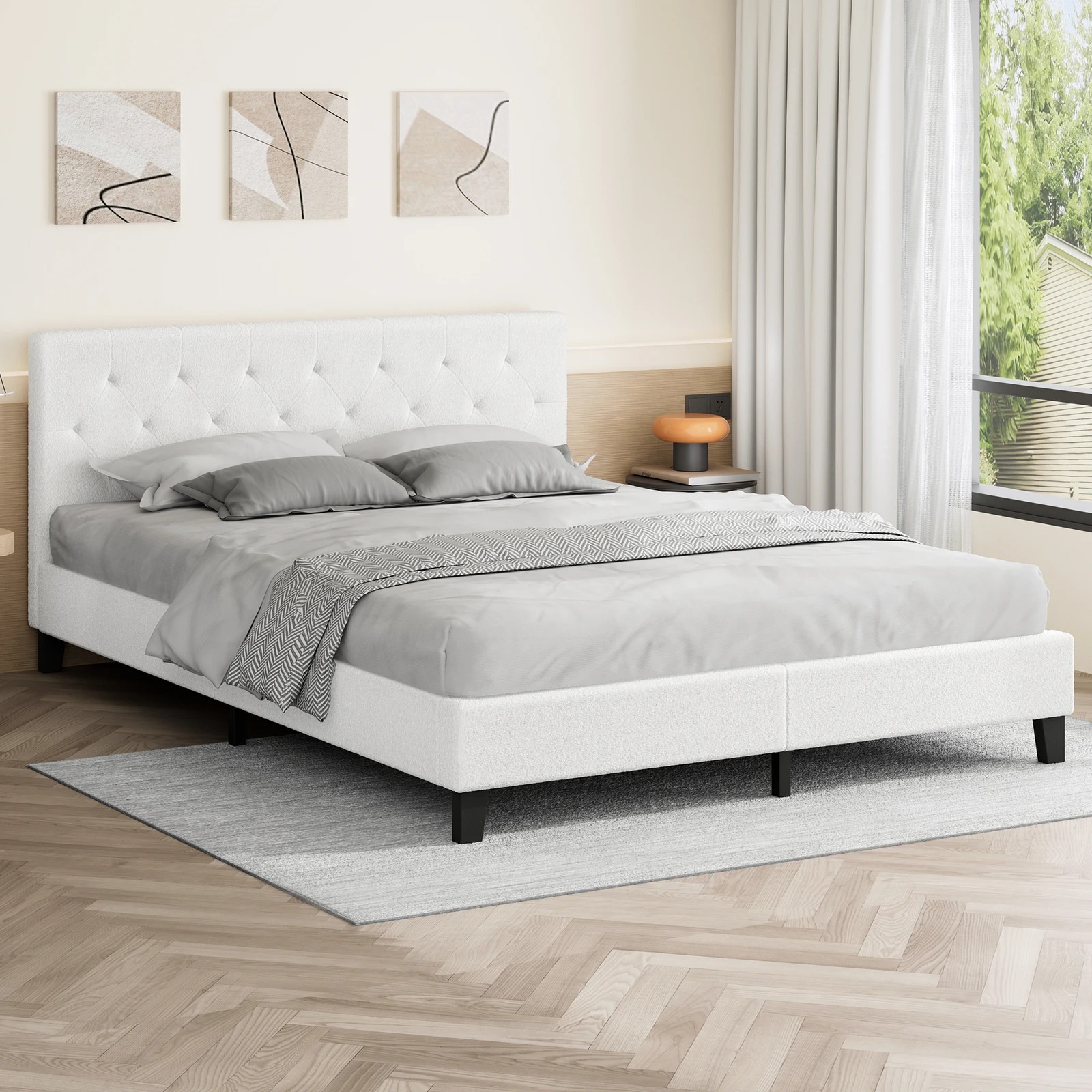 2 Alfordson Bed Frame King Size Wooden Base Platform Boucle Madelyn - White, 2 of 10