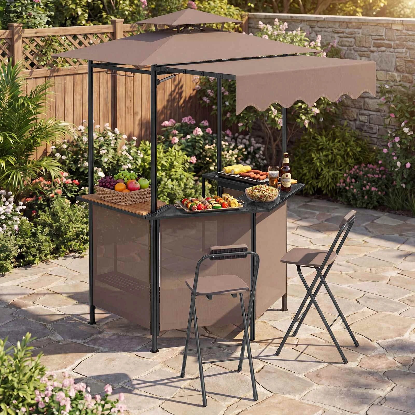 2 Costway 3-Piece Patio Bar Set Outdoor BBQ Canopy Table & 2 Folding Stool Grill Gazebo Shelter - Brown, 2 of 2