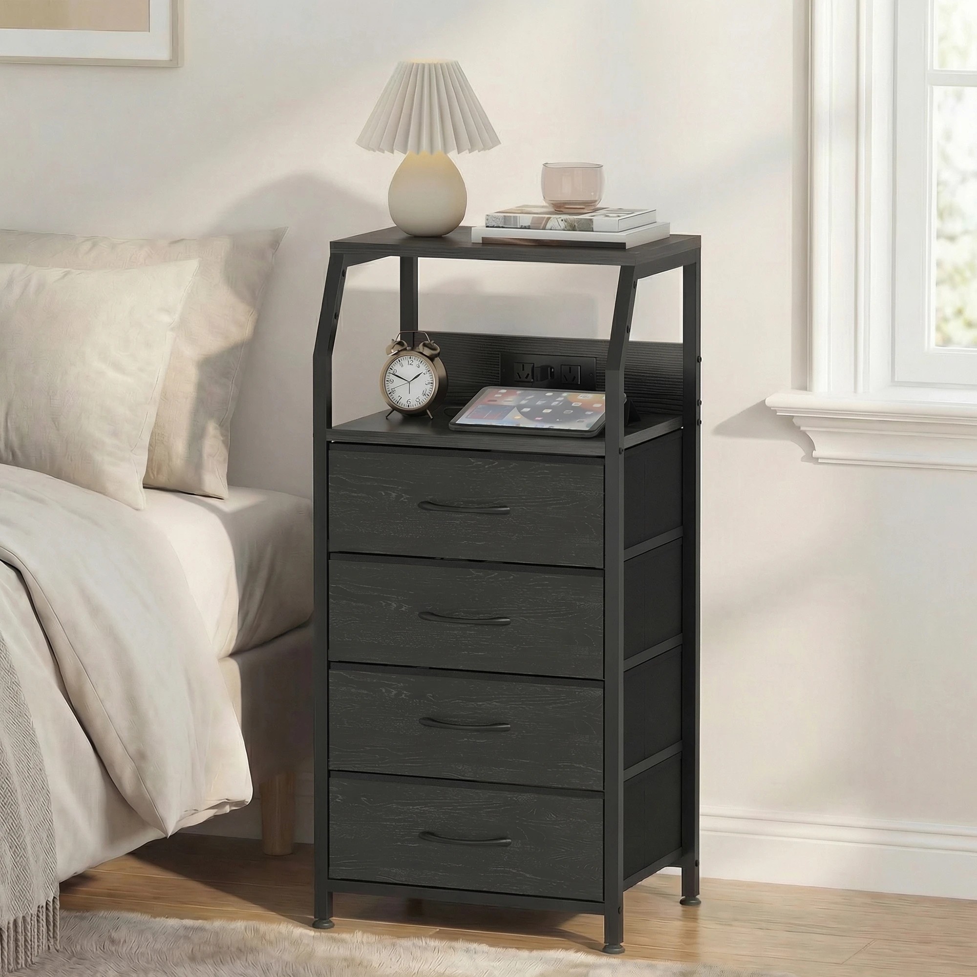 2 Advwin Bedside Table with Charging Station 4 Fabric Drawers Nightstand - Black, 2 of 9