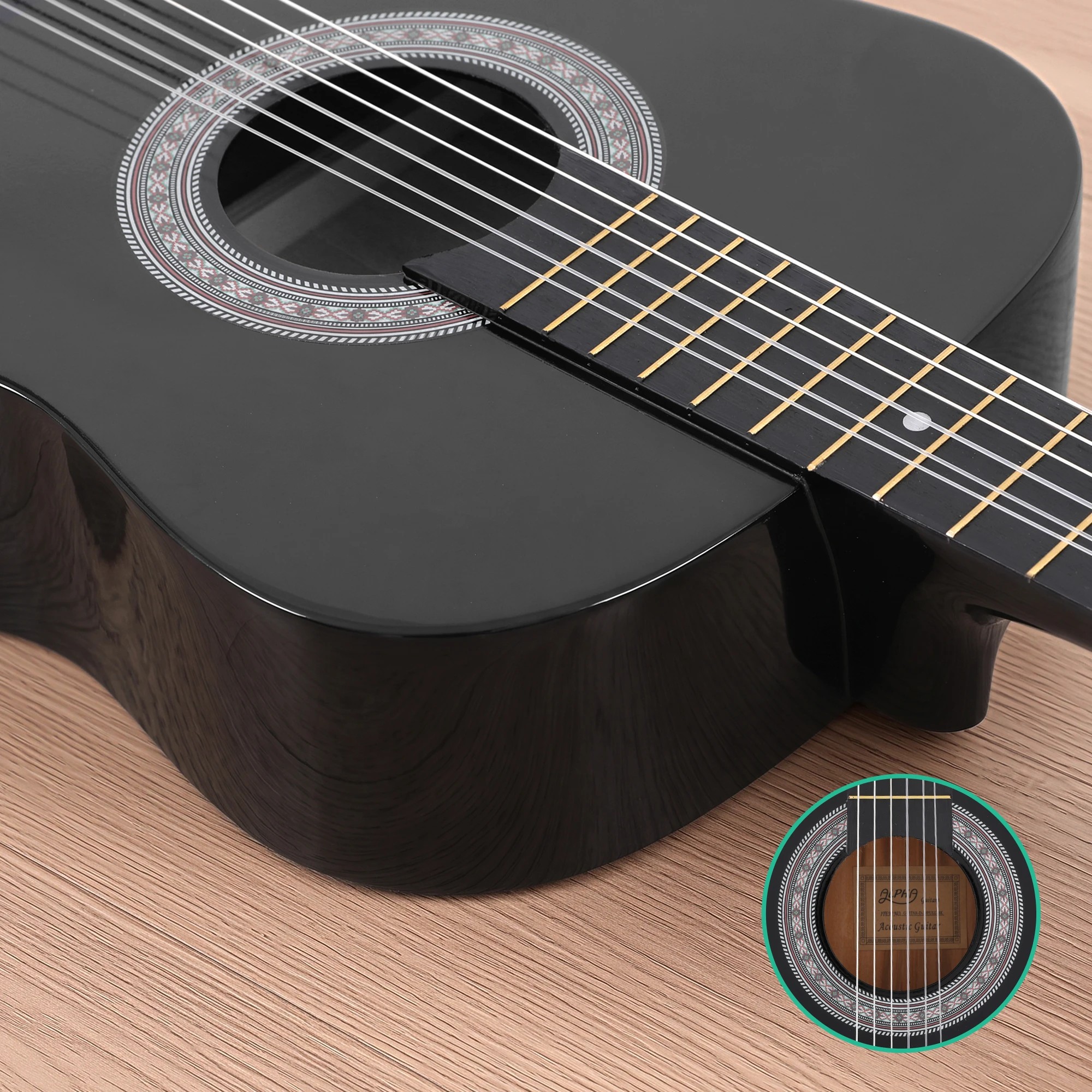7 Alpha 38 Inch Acoustic Guitar Full Size Classical Cutaway Nylon String - Black, 7 of 9
