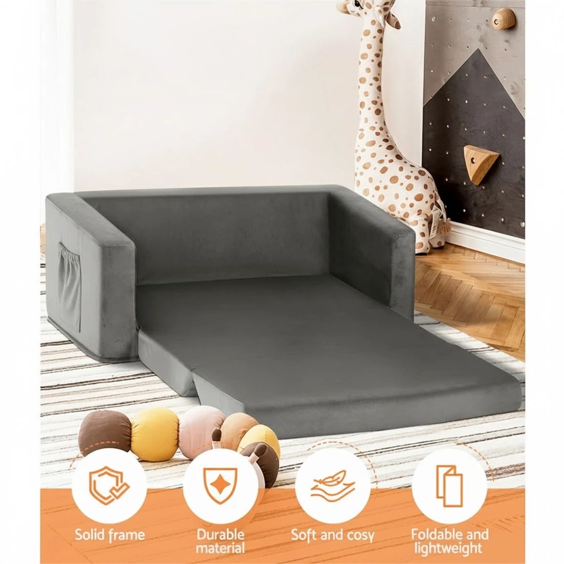 3 Keezi Kids Sofa 2 Seater Children Flip Open Couch Velvet Armchair - Grey, 3 of 5