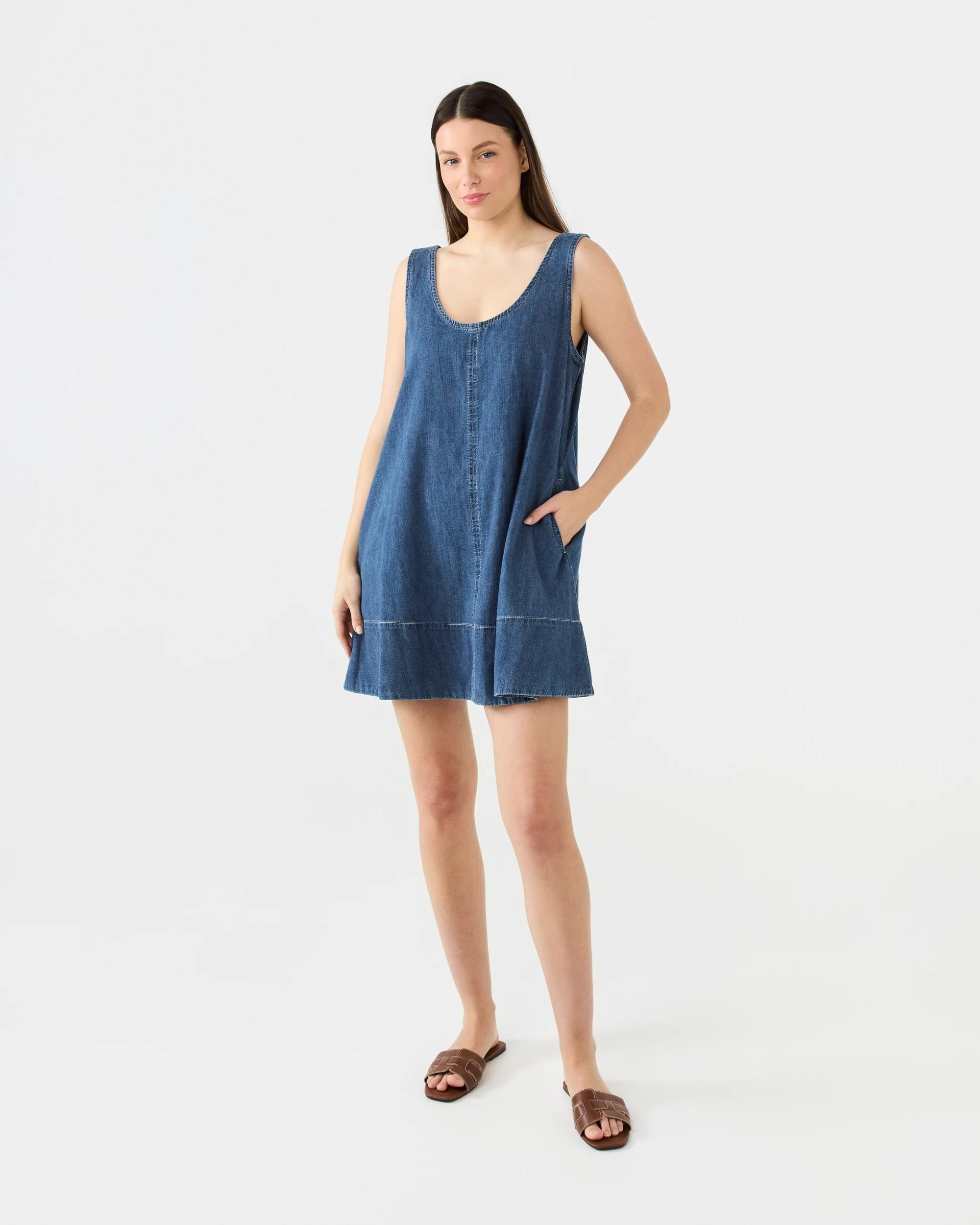 8 Sleeveless Chambray Swing Mini Dress Indigo Wsh, 8 of 8