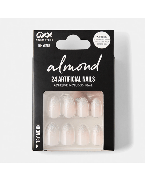 OXX Cosmetics 24 Pack Artificial Nails with Adhesive - Almond Shape, Glitter Tip