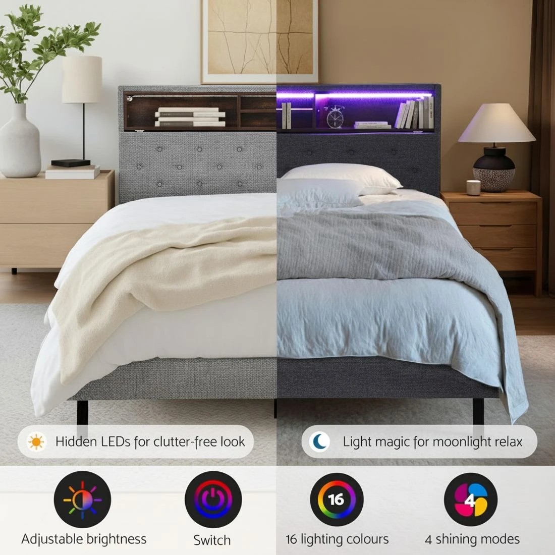 4 Artiss Bed Frame Queen Size LED Mattress Base Platform with Storage Shelf Hidden Storage Box - Grey, 4 of 8