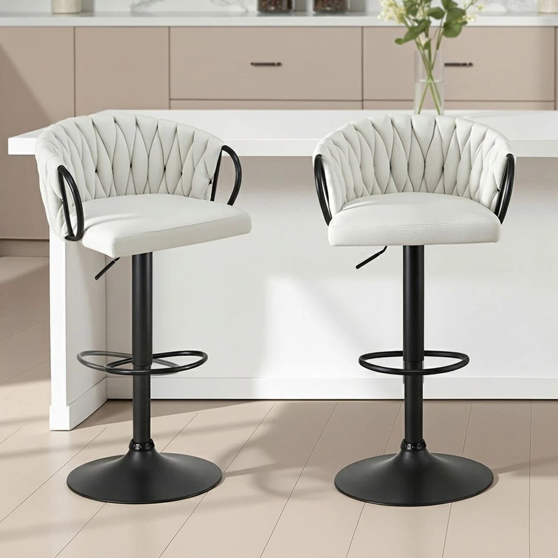 4 Artiss 1x Bar Stool Single Kitchen Dining Chair Counter Stool Woven Velvet Ivory - Beige, 4 of 6