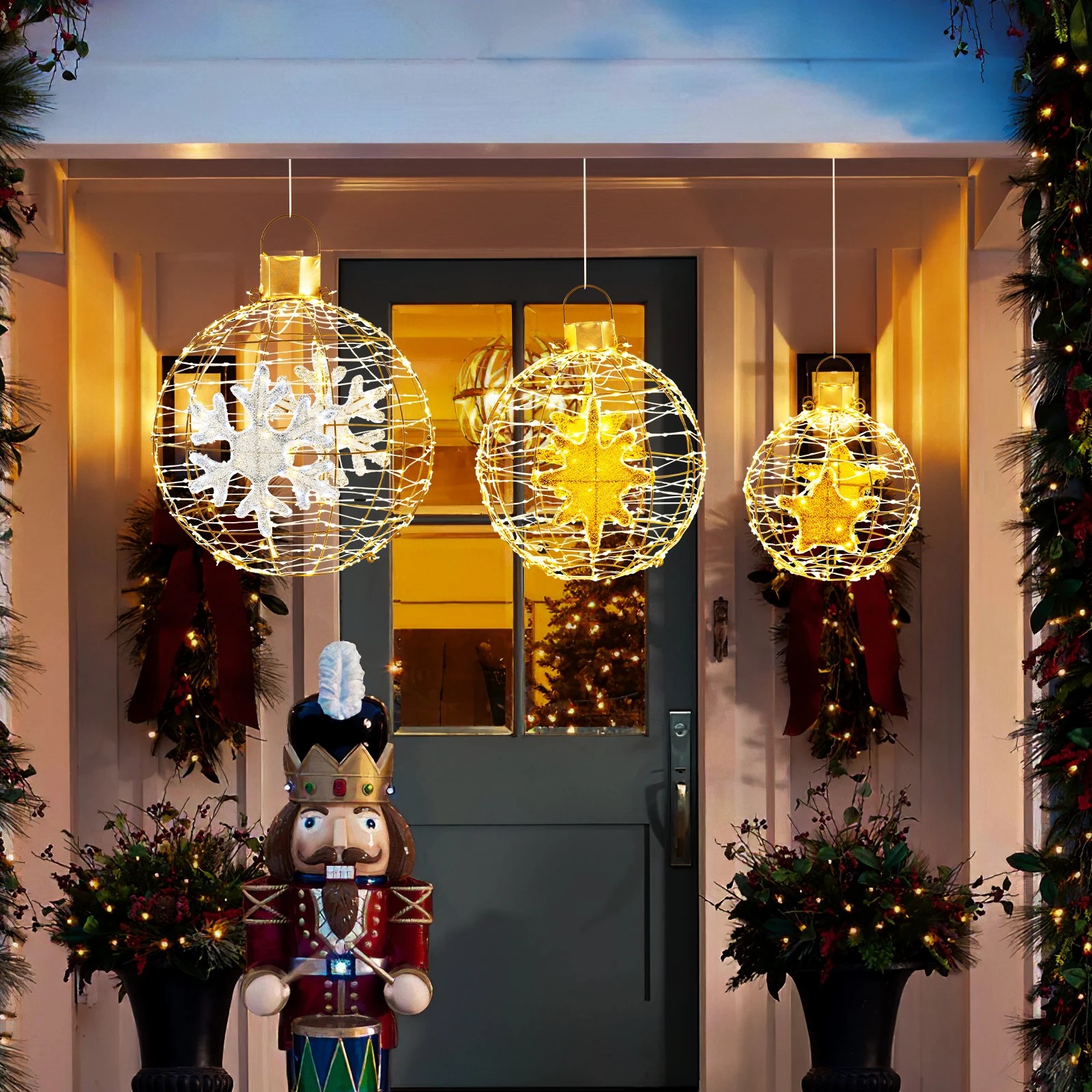 3 Costway 3x LED Christmas Lighted Lantern Balls Hanging Fairy Lights Metal Frame Xmas Decor, 3 of 5