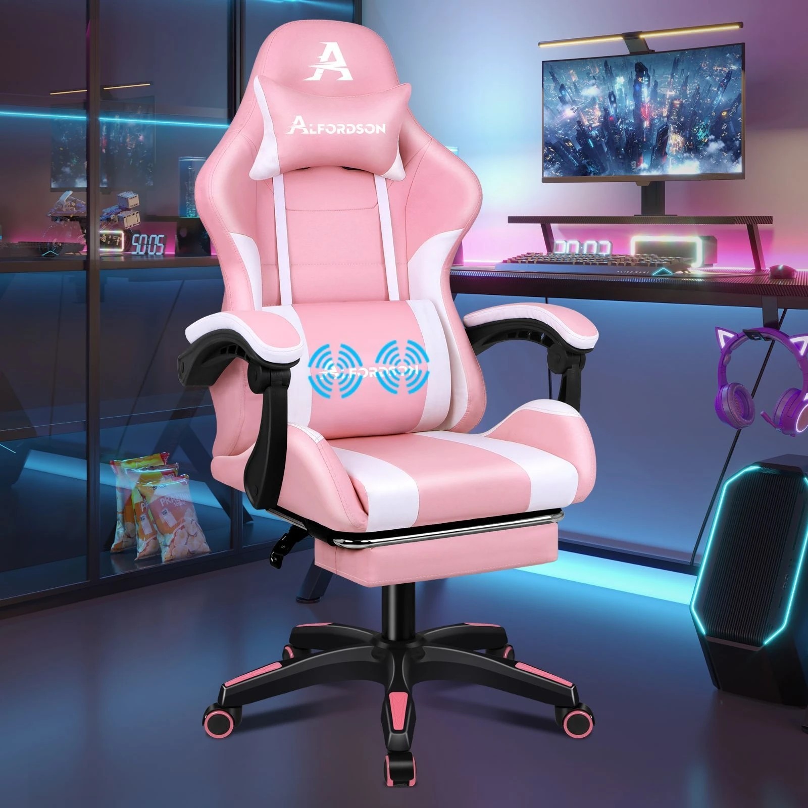 2 Alfordson Gaming Office Chair Extra Large Pillow Racing Executive Footrest Seat - Pink, 2 of 10