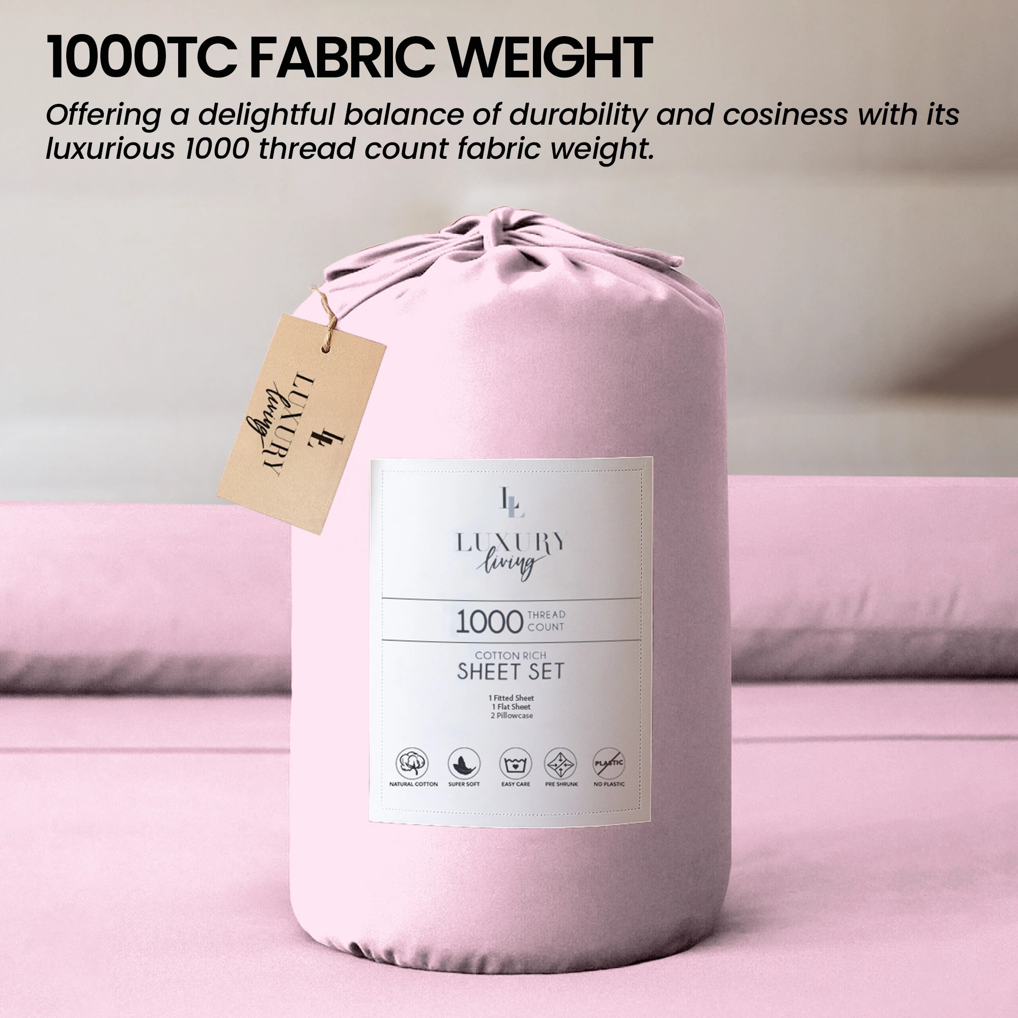 6 4pc 1000 Thread Count Cotton Rich King Bed Sheet Gift Pack Cvc Microfibre Blend In Pink
 - King Bed, 6 of 9