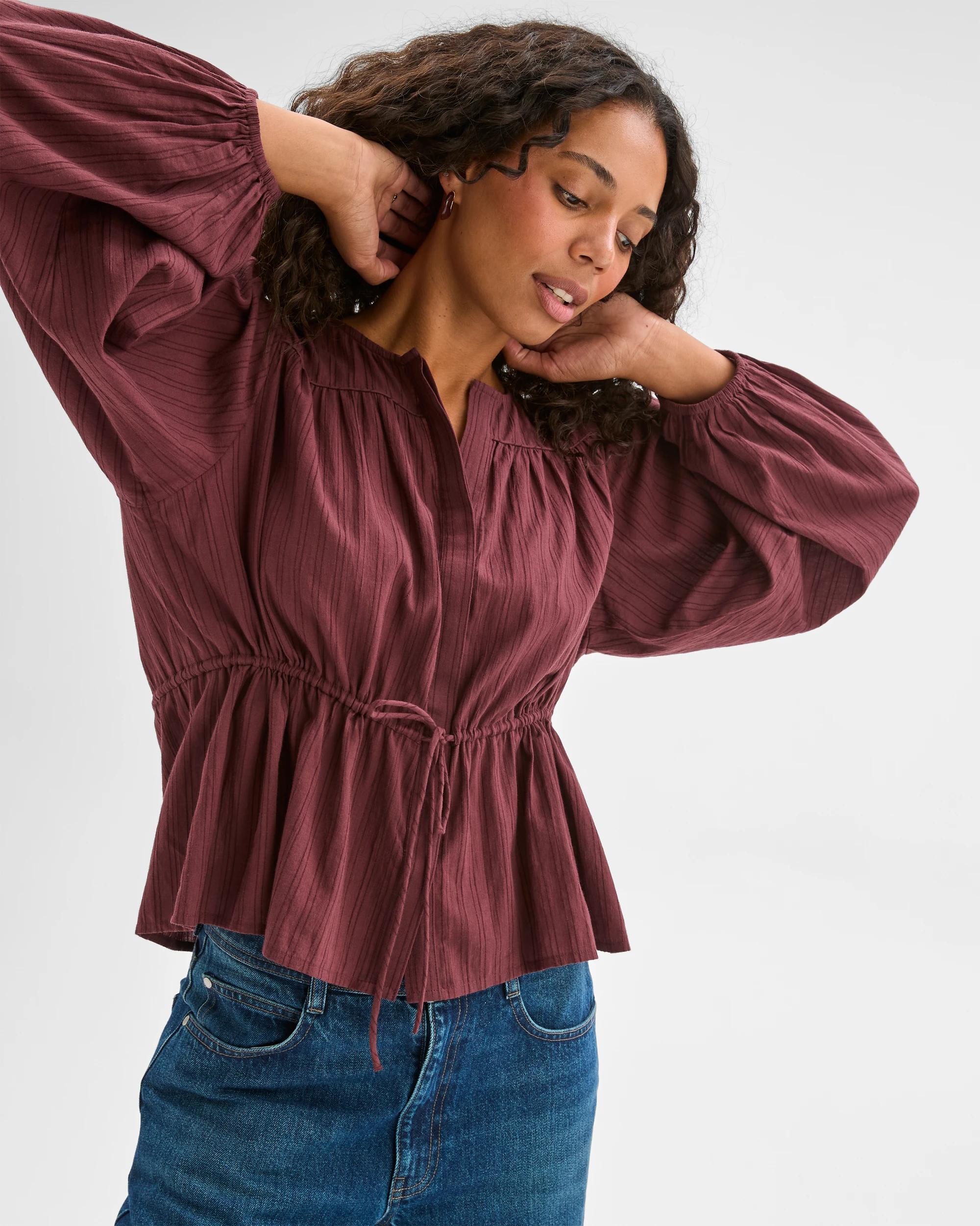 4 Target Woman Short Sleeve Tie Waist Blouse BURGUNDY, 4 of 6